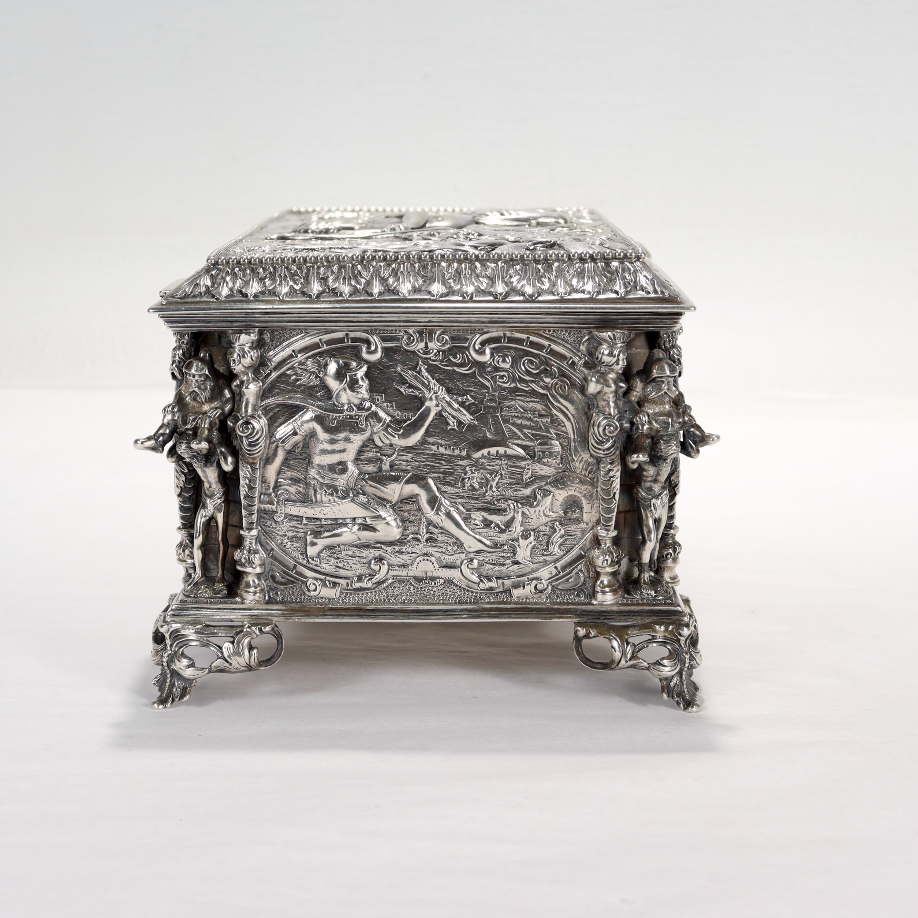 Antique German Figural Renaissance Revival Solid Silver Table Box or Casket For Sale 2