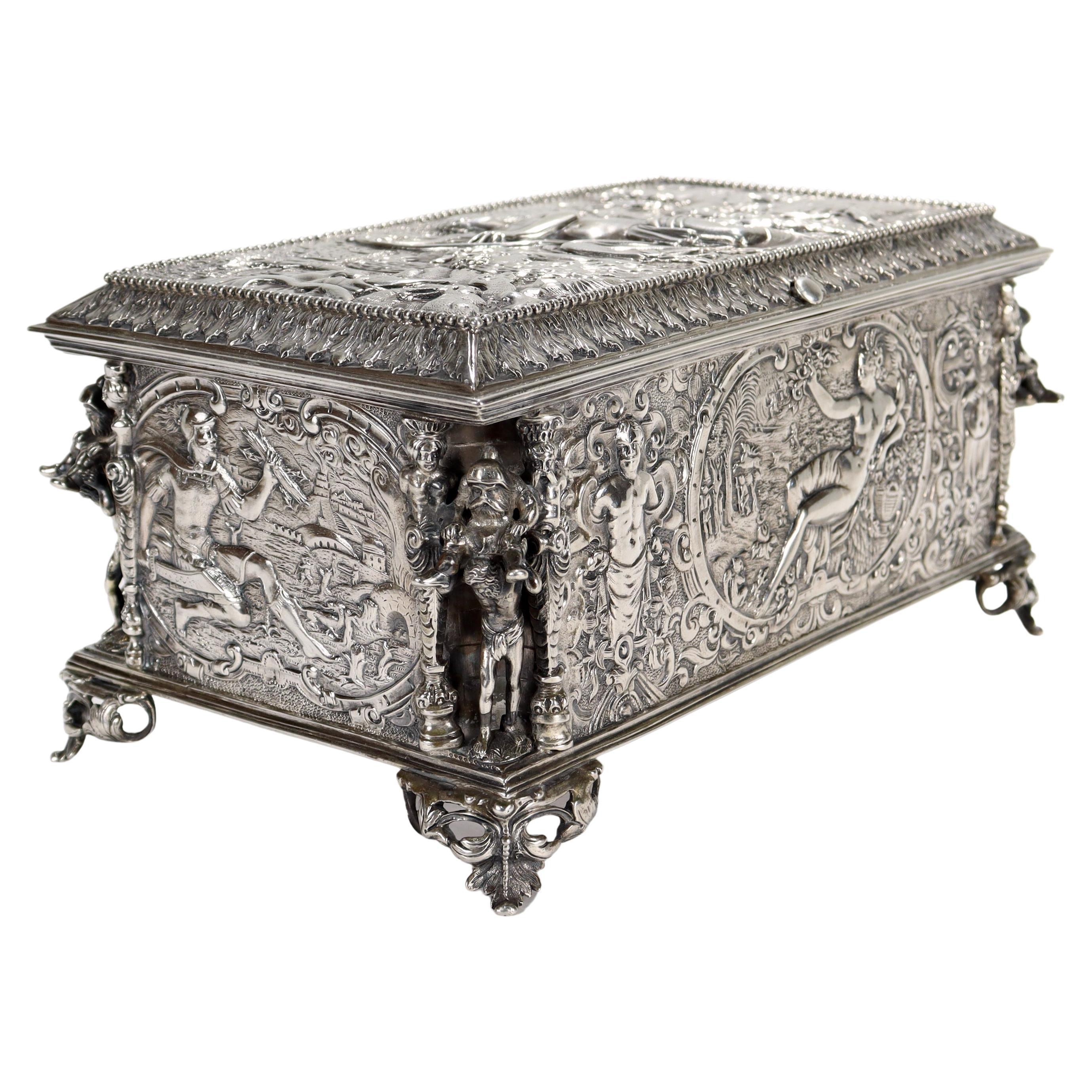 Antique German Figural Renaissance Revival Solid Silver Table Box or Casket