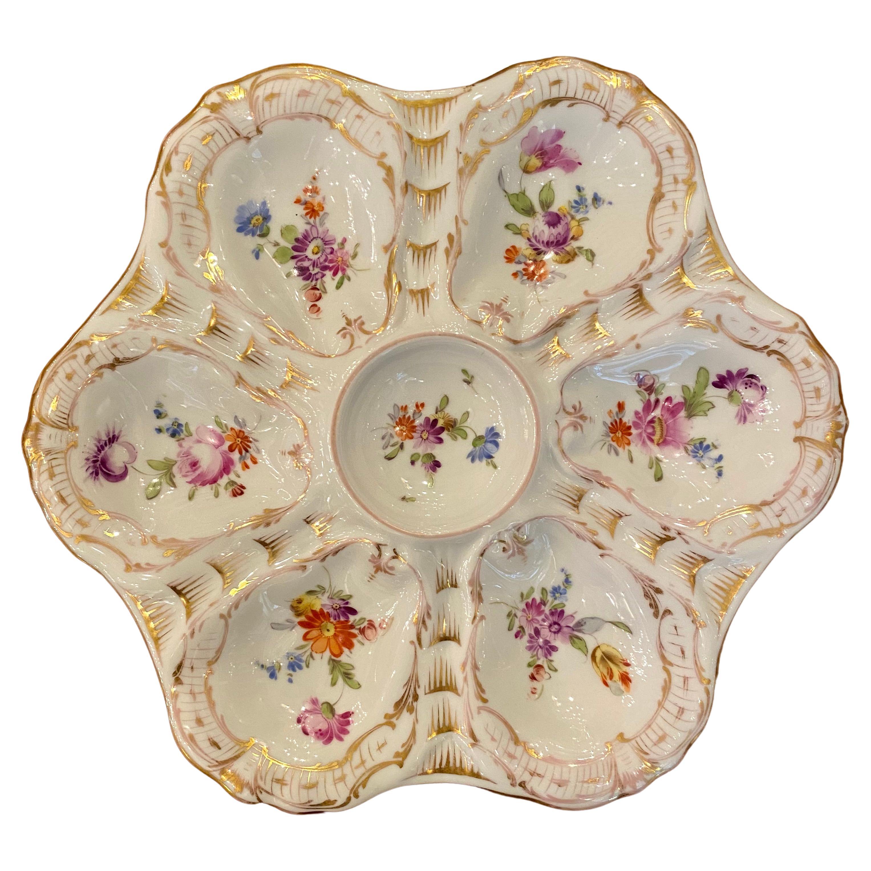 Antique German Floral Porcelain Oyster Plate Signed "Rk Dresden, " circa 1910
