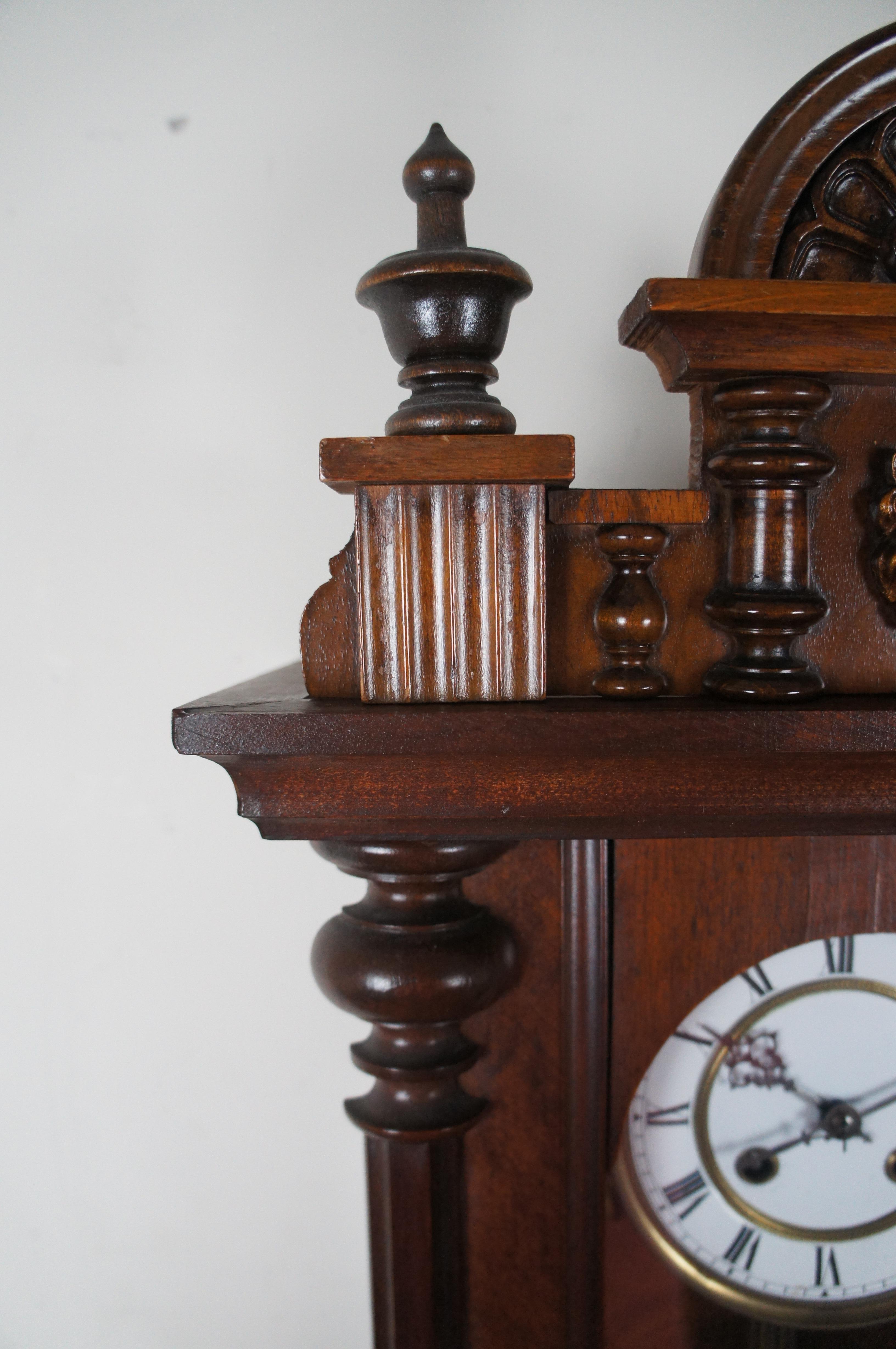 Early 20th Century Antique German FMS Mauthe Vienna Regulator Carved Walnut DRP Wall Clock 35