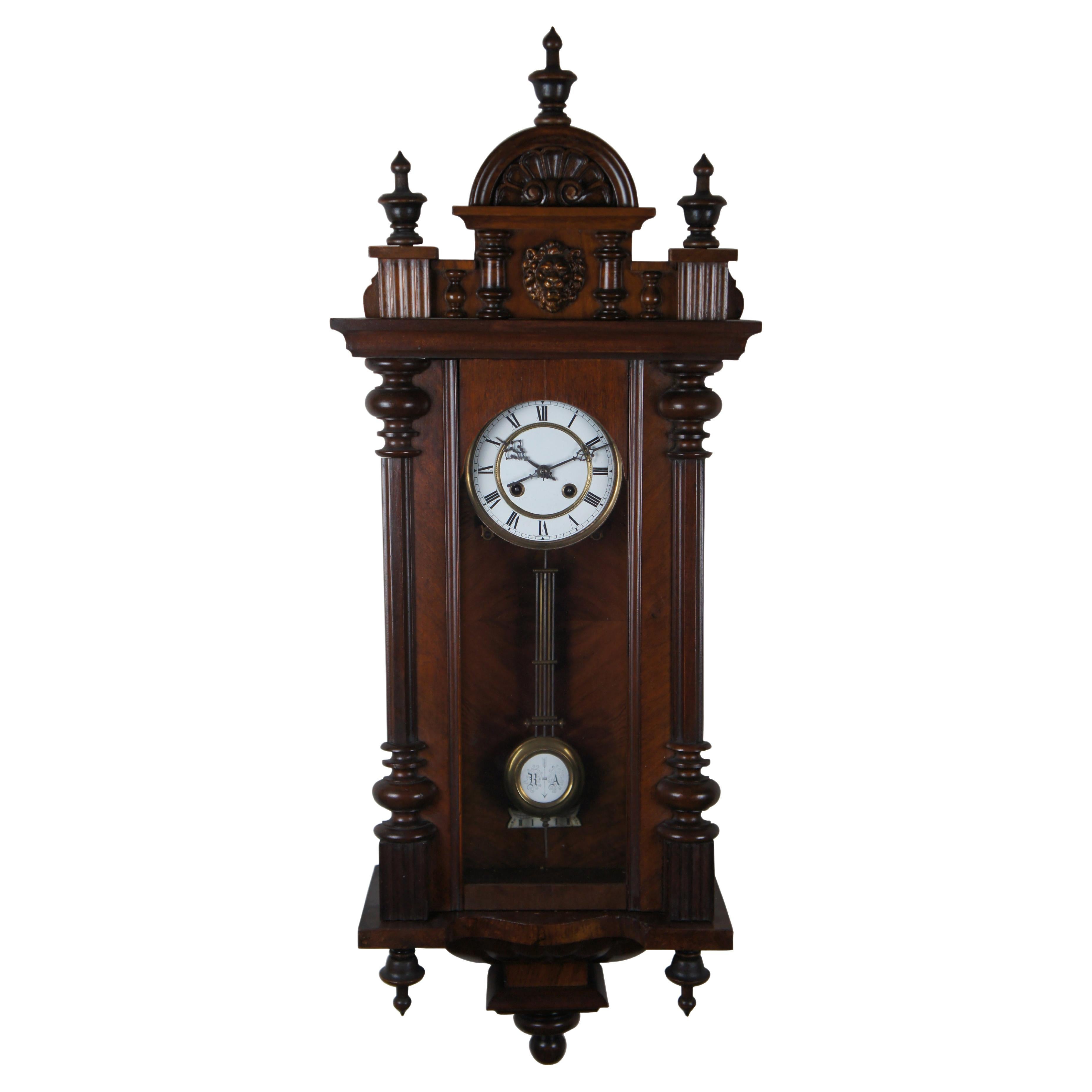 Antique German FMS Mauthe Vienna Regulator Carved Walnut DRP Wall Clock 35"