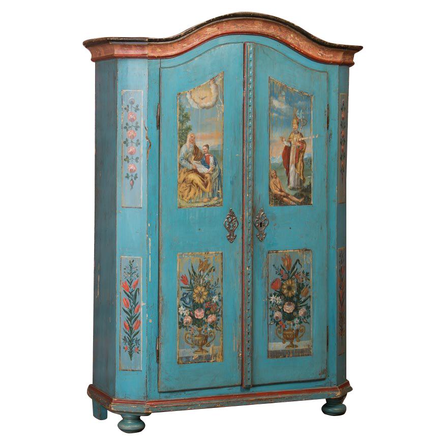 Antique German Folk Art Blue Painted Armoire