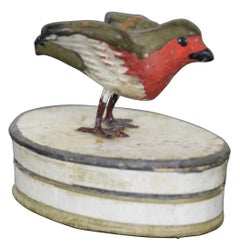 Antique German Folk Art Paper Mache Candy Container Ring Box Robin Bird