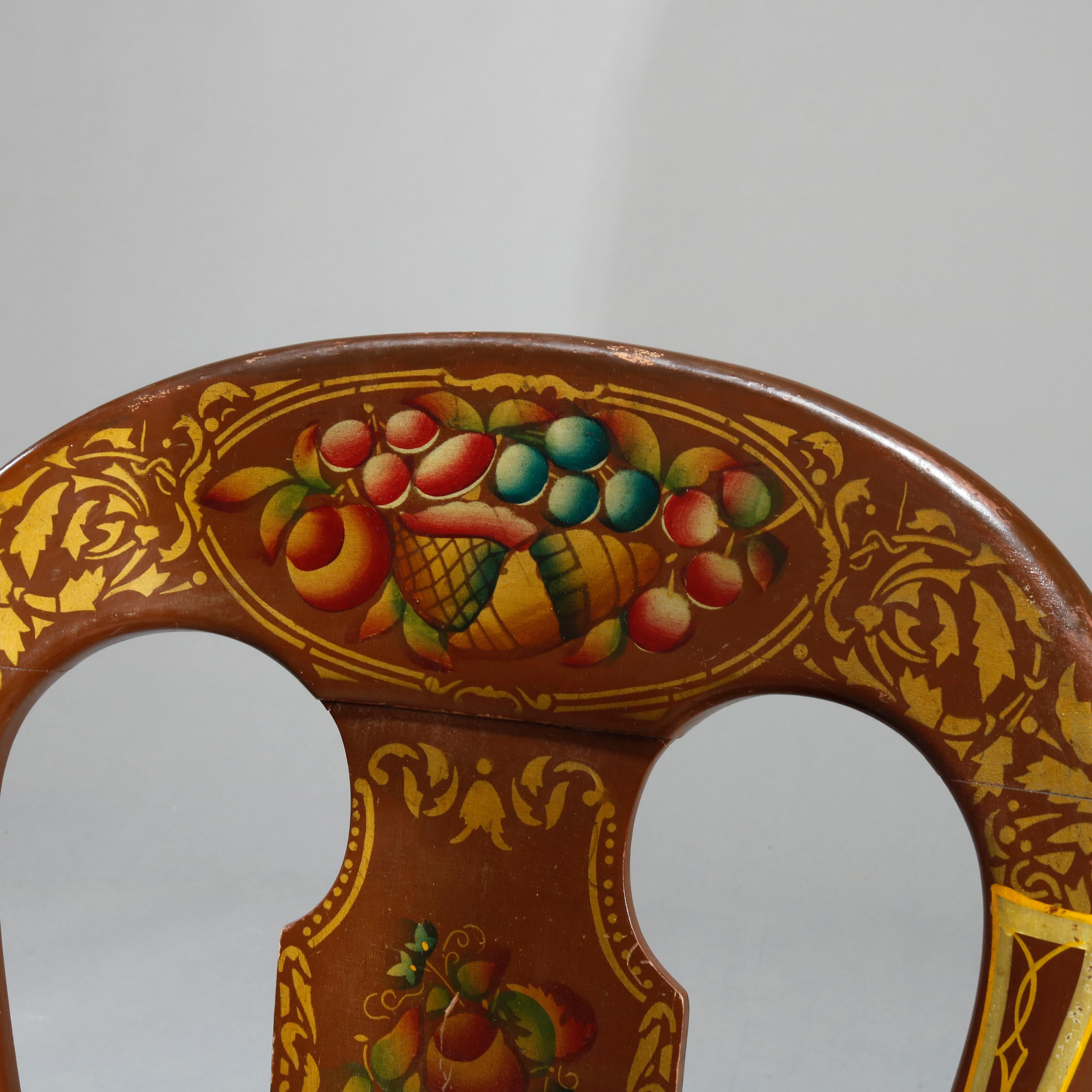 Carved Antique German Folk Art Stenciled Fruit & Foliate Balloon Back Chairs, 19th C