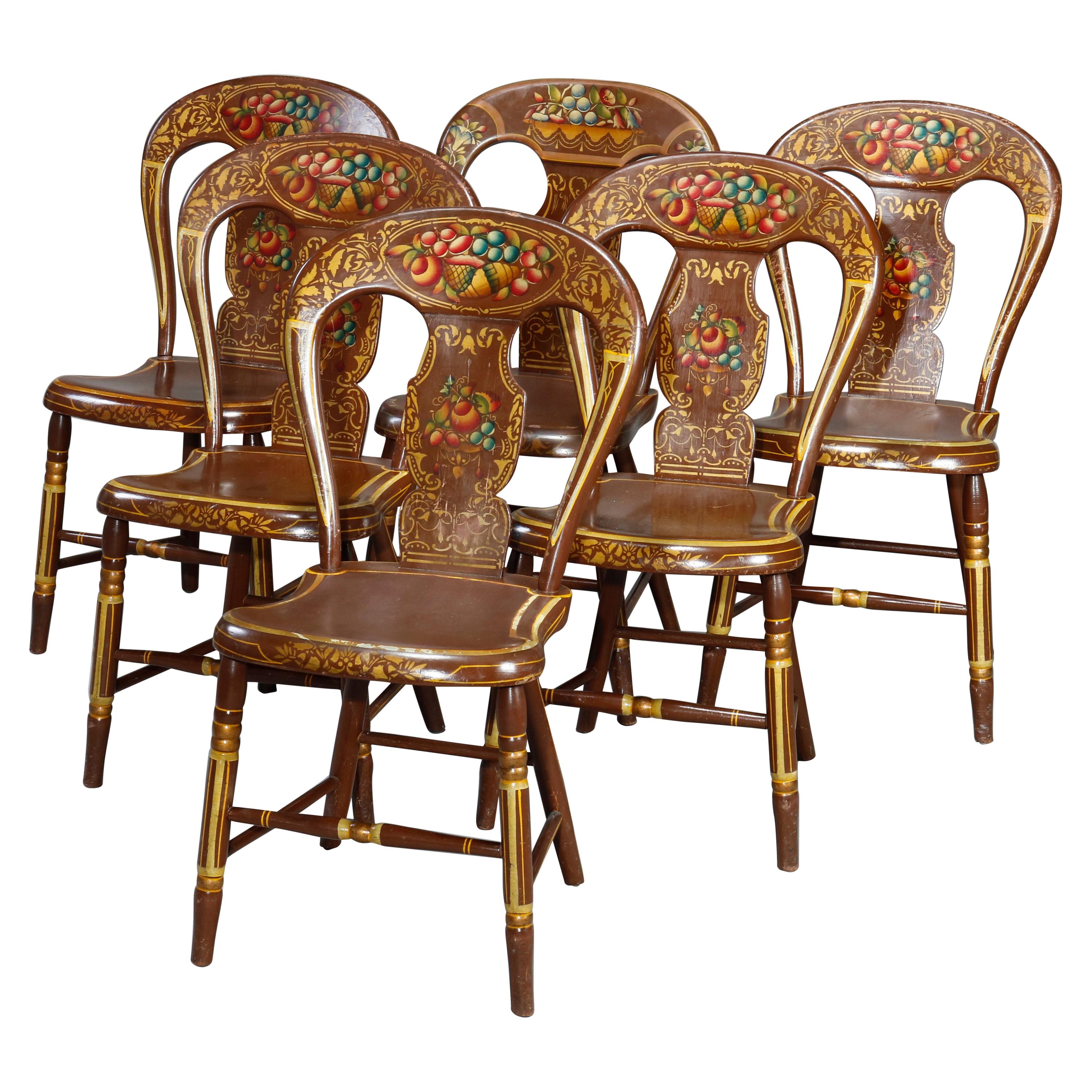 Antique German Folk Art Stenciled Fruit & Foliate Balloon Back Chairs, 19th C