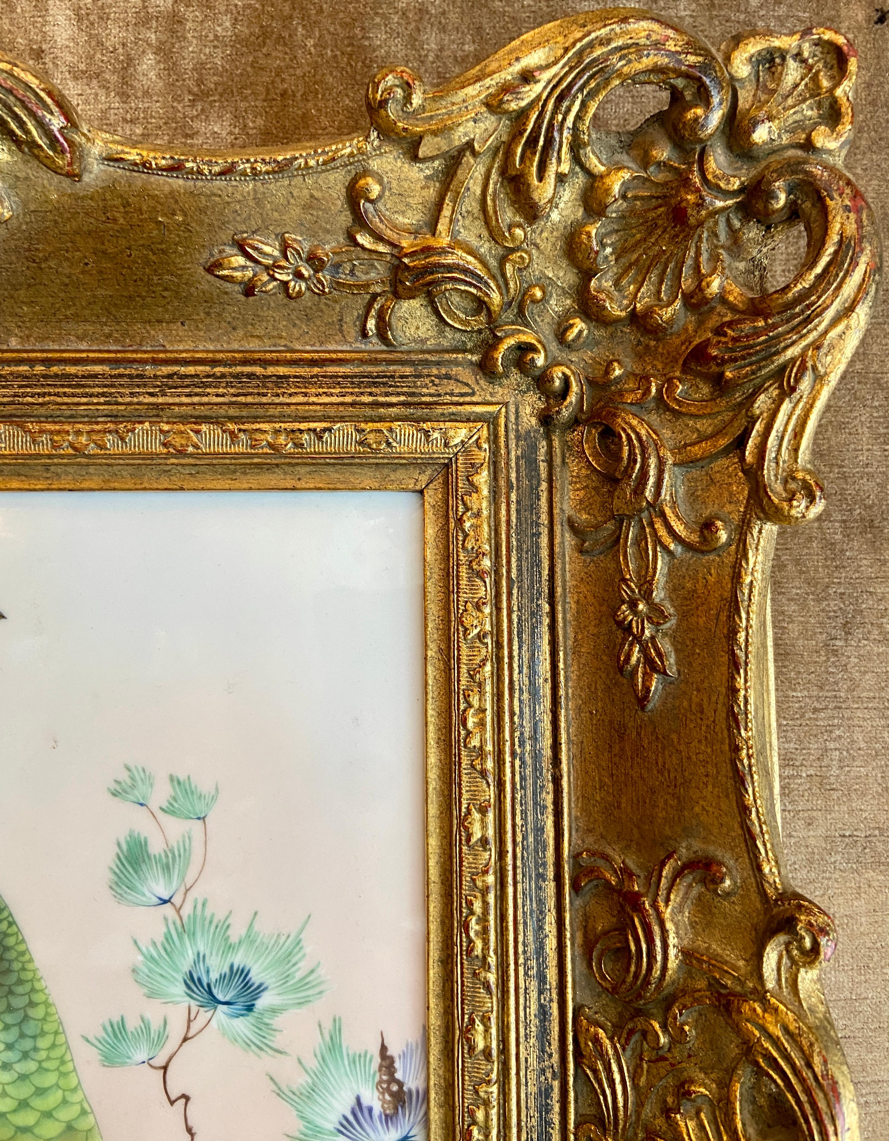 Antique German Framed Porcelain Plaque with Peacock, Circa 1910-1920.