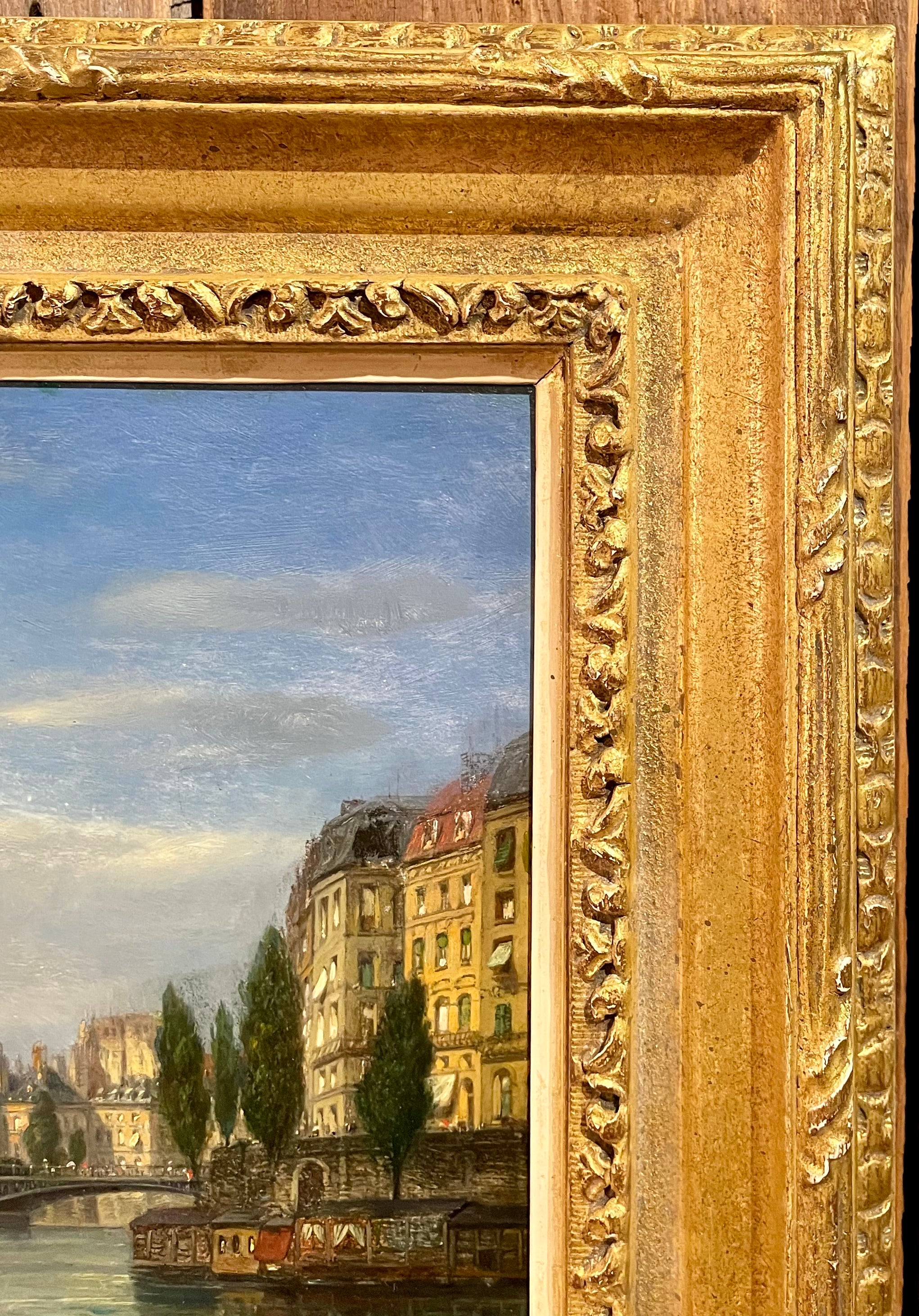 Antique 19th century German framed oil on panel of Notre Dame Île Saint-Louis, signed 