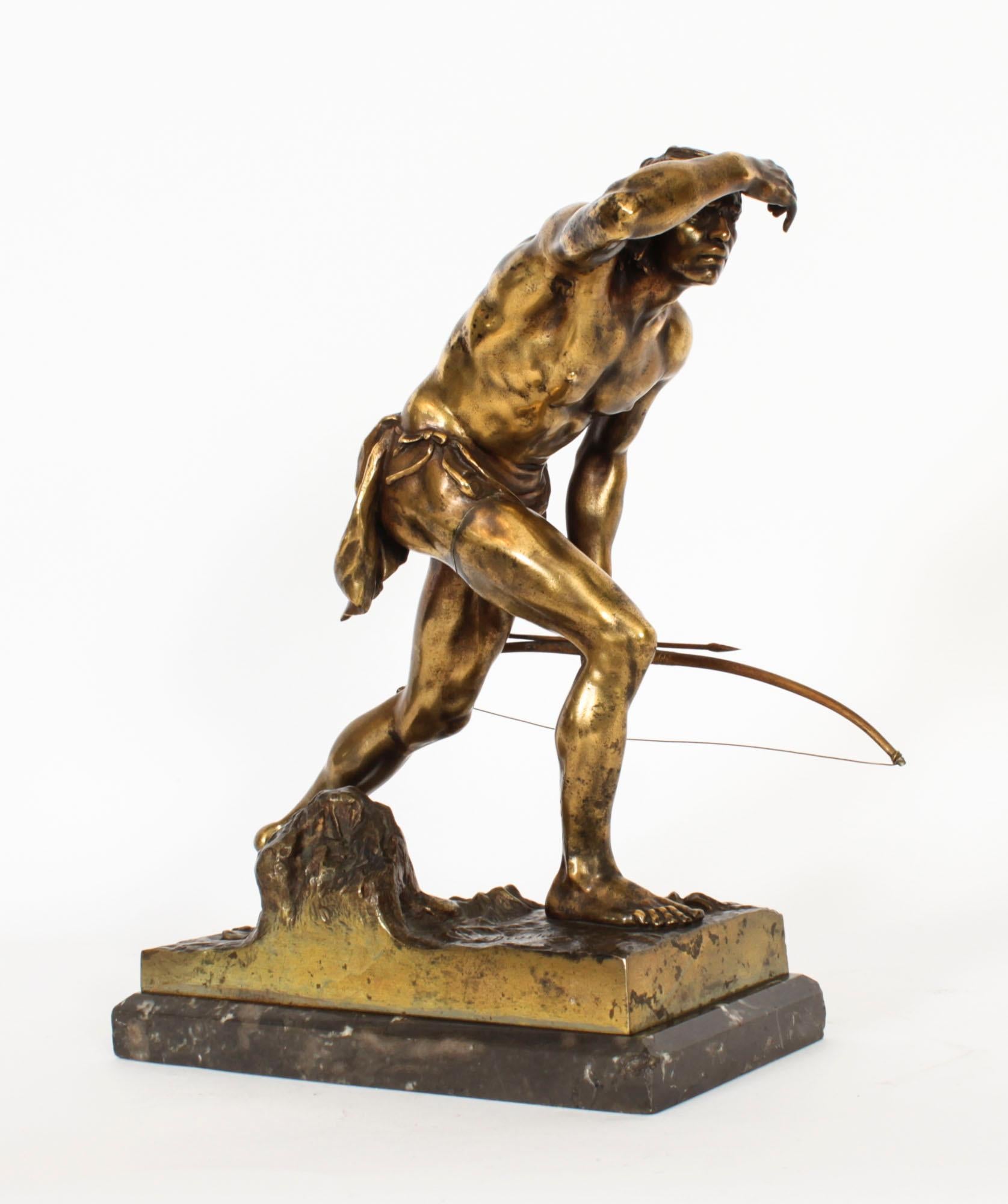 This is a antique gilt bronze figural sculpture of Indian Scout holding a bow & arrow, by the renowned German sculptor Josef Drischler (1838 - 1917) and bearng his signature,  circa 1900 in date, please see the oval photograph of the sculptor.


The