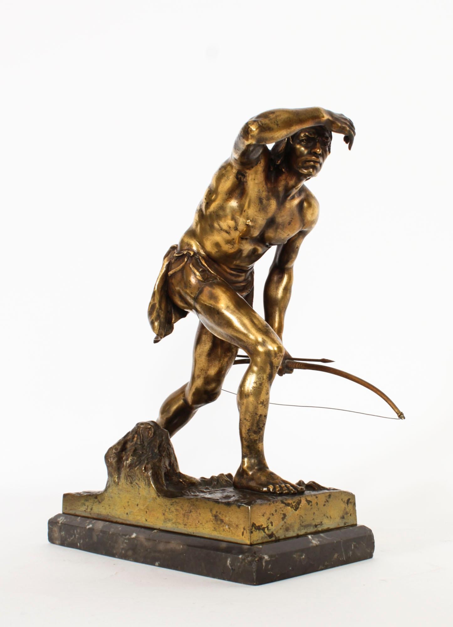 Early 20th Century Antique German Gilt Bronze Indian Scout by Josef Drischler Circa 1900 For Sale