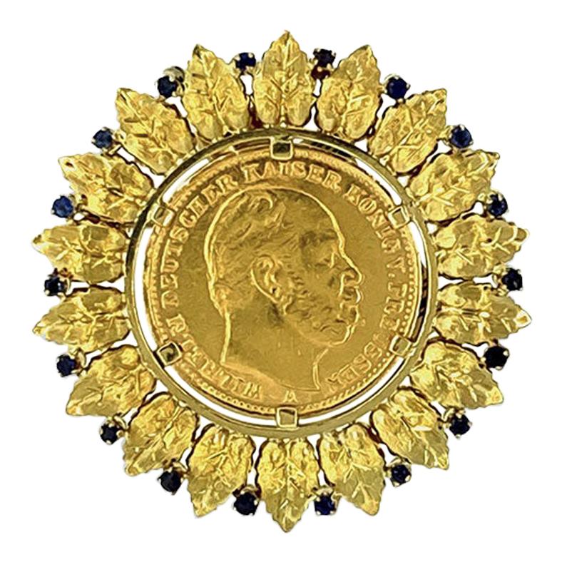 Antique German Gold Coin Sapphire Gold Brooch and Pendant
