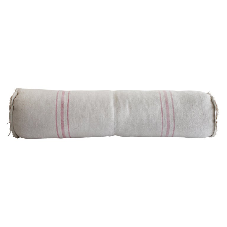 Antique German Grain Sack Bolster Pillow With Pink Stripes For
