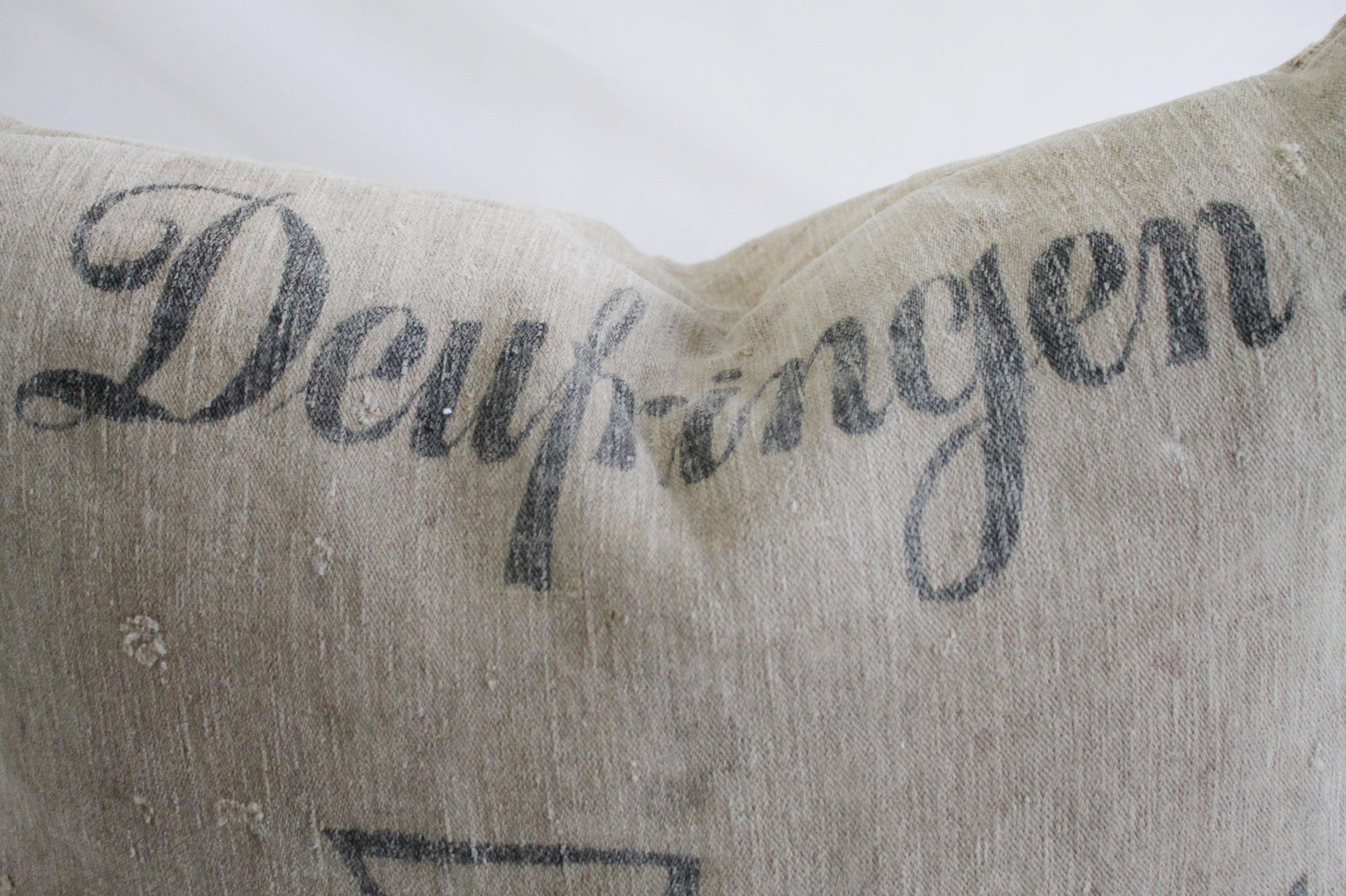 European Antique German Grain Sack Linen Pillow with Original Stamped Details