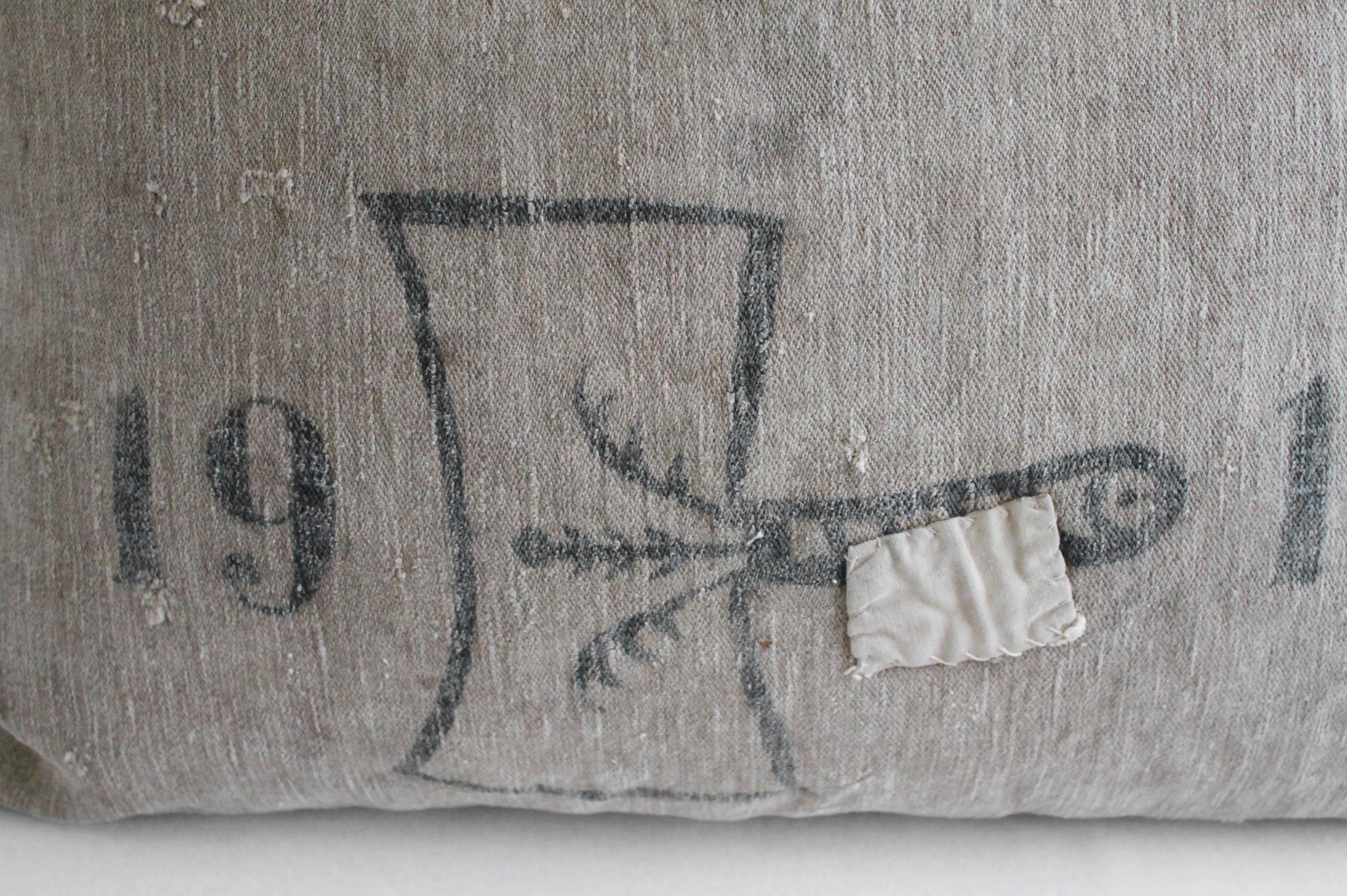 Antique German Grain Sack Linen Pillow with Original Stamped Details In Good Condition In Brea, CA
