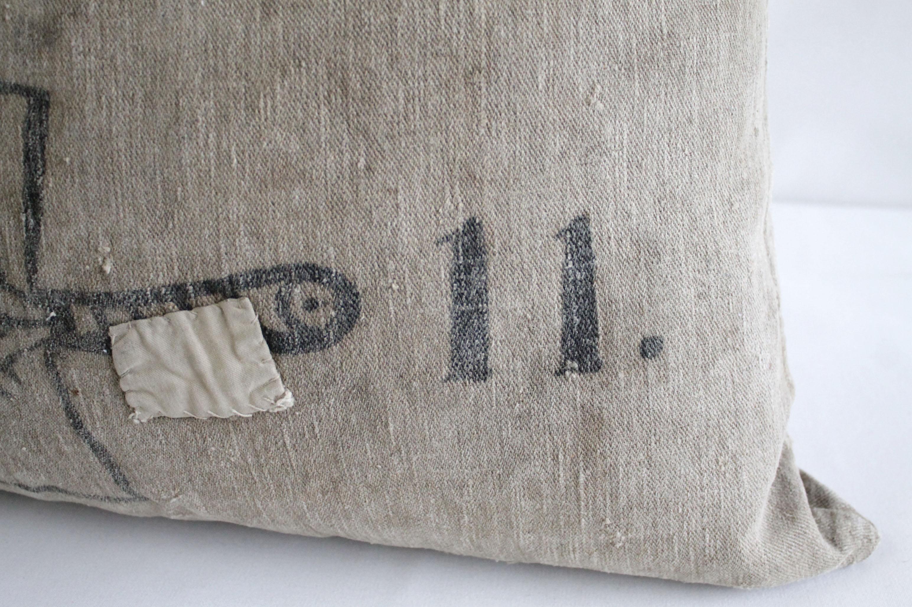20th Century Antique German Grain Sack Linen Pillow with Original Stamped Details