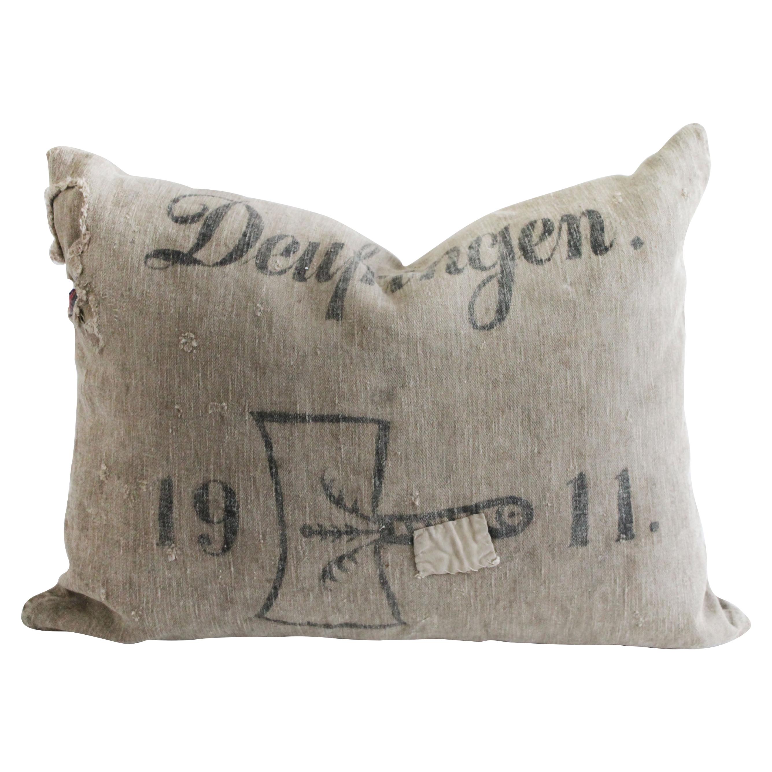 Antique German Grain Sack Linen Pillow with Original Stamped Details