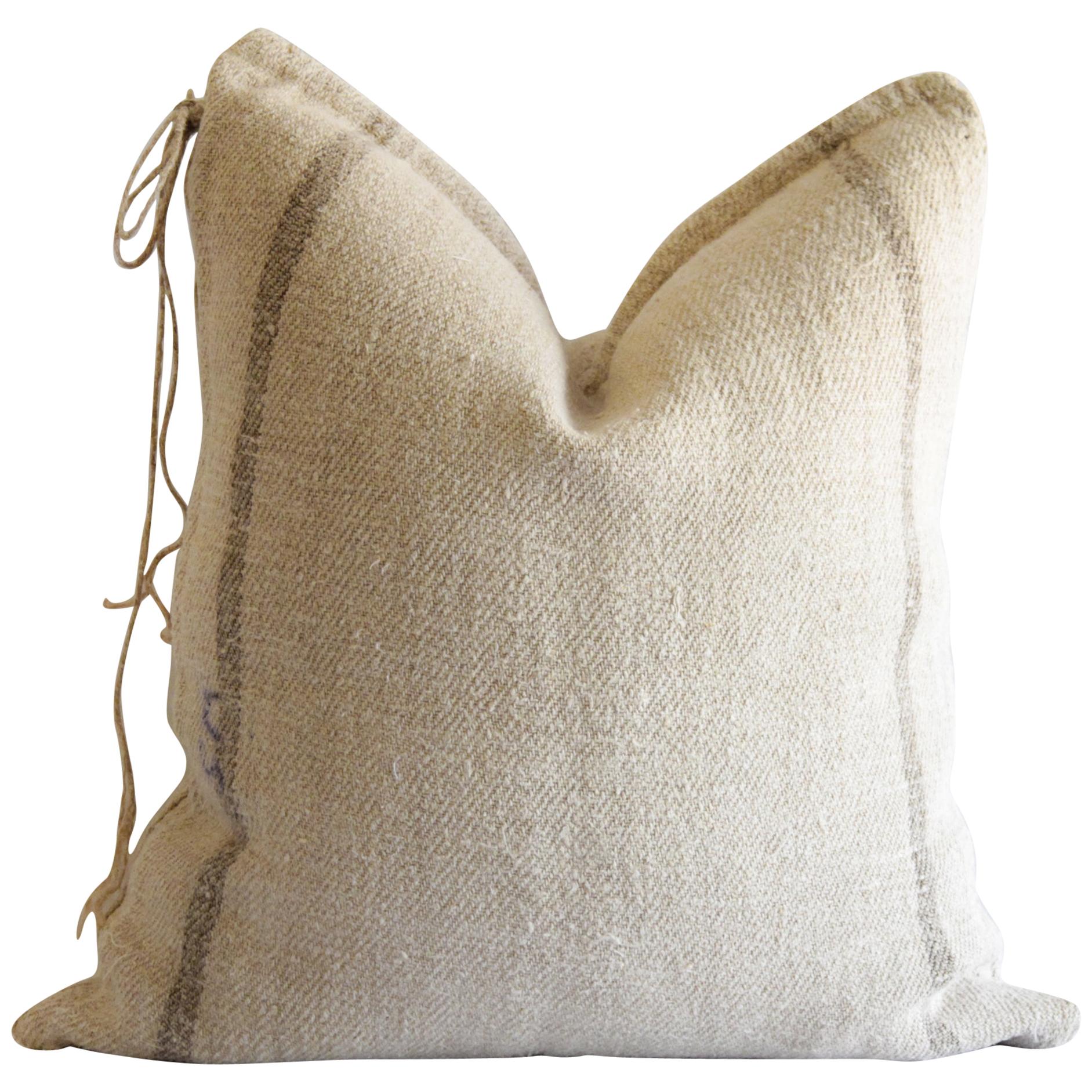 Antique German Grain Sack Pillow with Brown Stripes