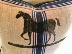 Antique German Grain Sack Pillow with Calligraphy and Rare Horse Graphics