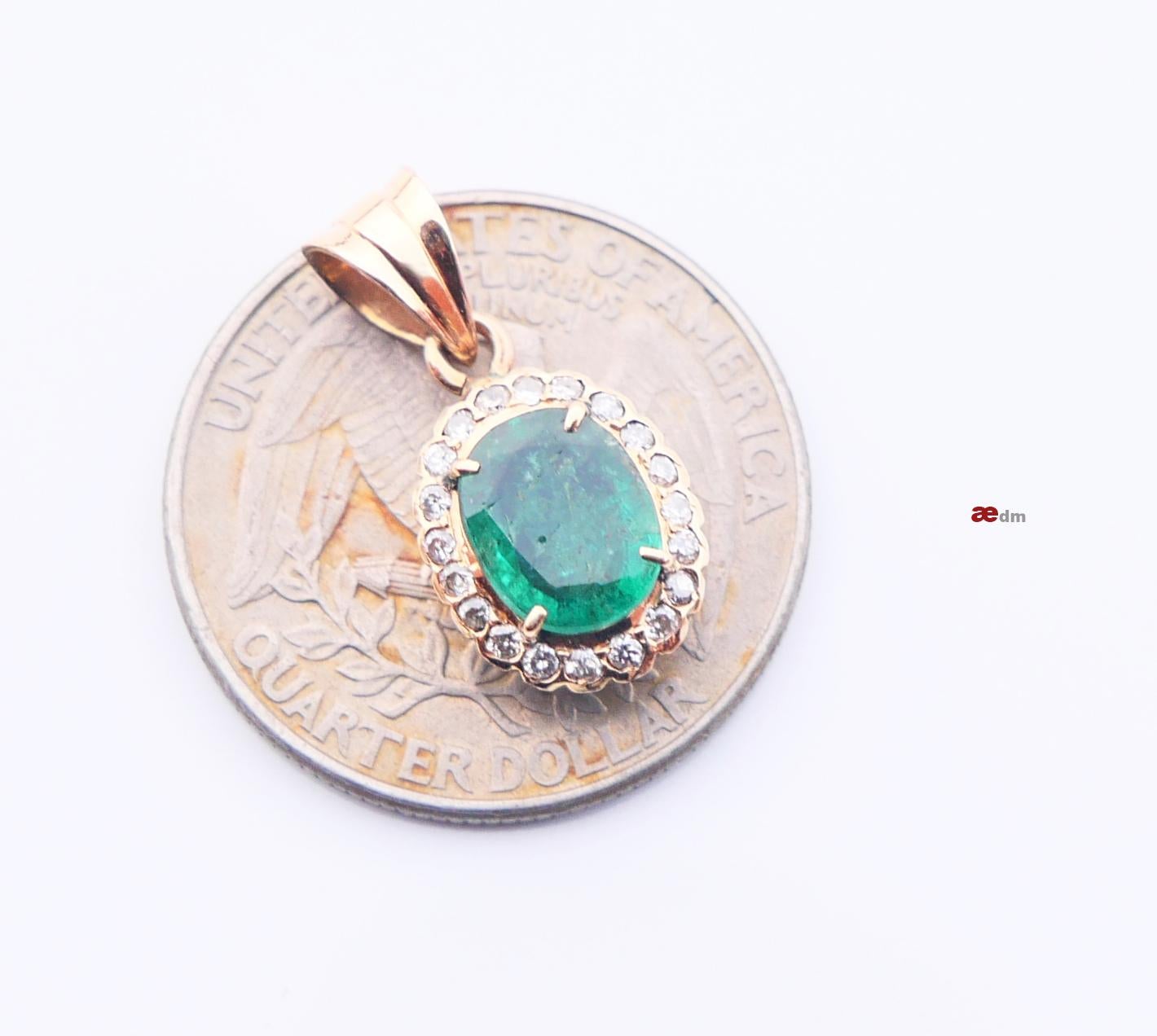 Antique German Halo Pendant 1.2ct Emerald 0.4 ctw Diamonds solid 18K Gold/ 1.7gr For Sale 5