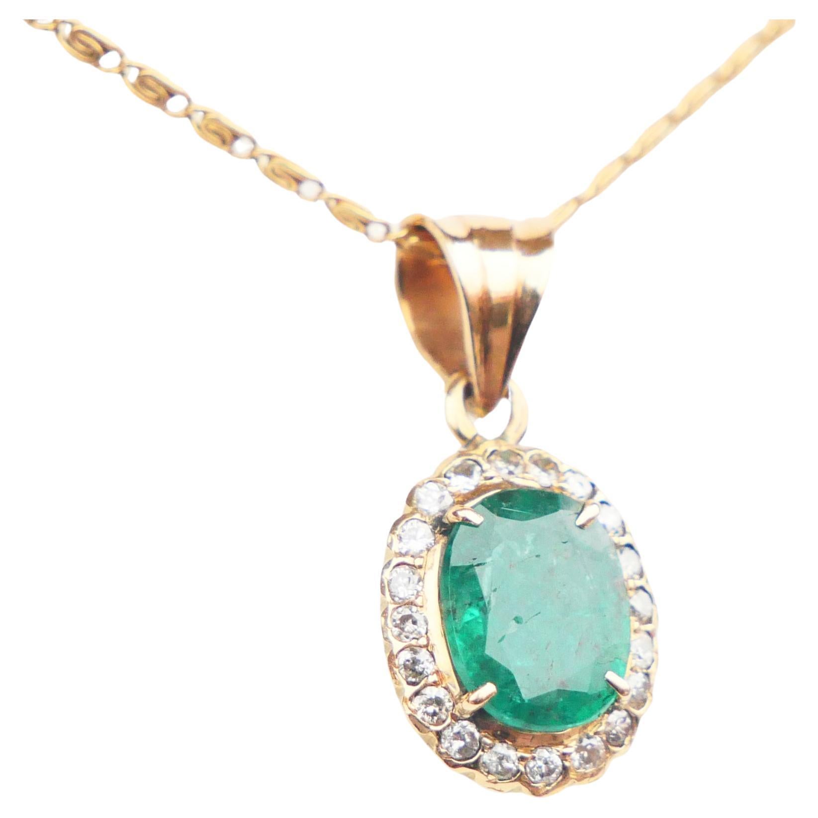 Antique German Halo Pendant 1.2ct Emerald 0.4 ctw Diamonds solid 18K Gold/ 1.7gr For Sale