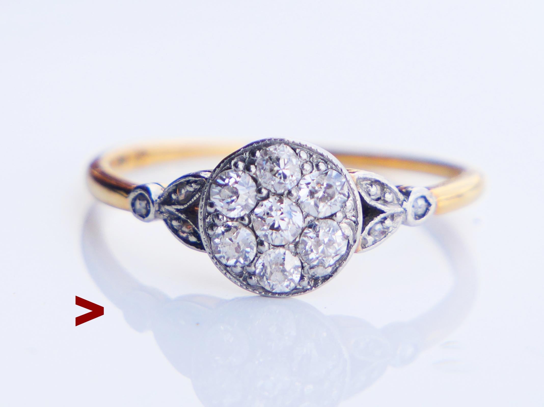 Beautiful old German Halo Ring hand-made in early 20th cent.

Hallmarked 750 and logo of maker like 5 pointed star. The crown is composite / with top part in Platinum  on solid 18K Yellow Gold band.

Crown measures ca. 8 mm  wide x 3 mm deep

Seven