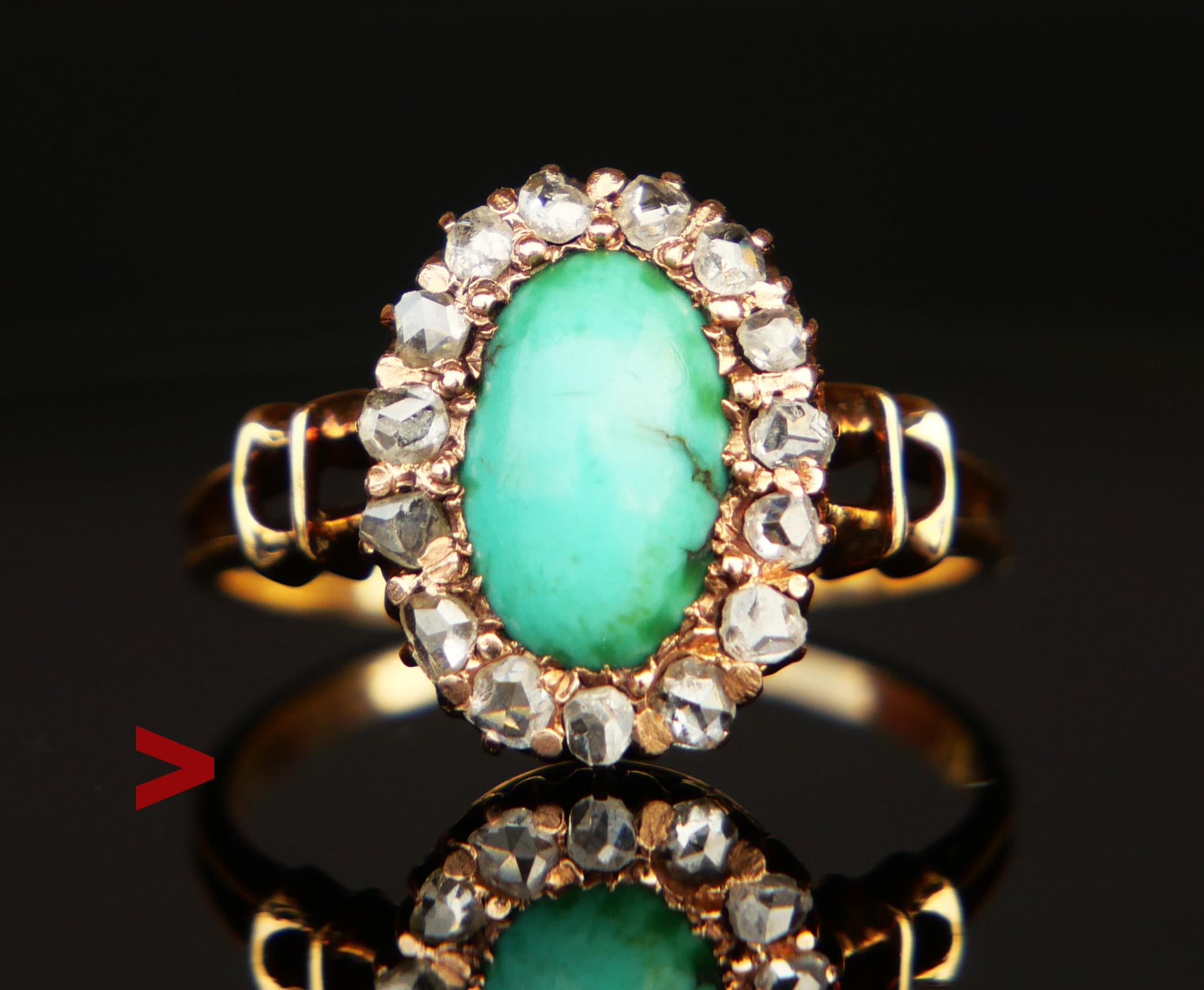 Beautiful German Halo Ring from ca. late 19th - early 20th century period.

Double band and crown 12mm x 10mm x 4.75mm deep in solid 14K Yellow Gold with mounted natural Turquoise cut cabochon 9 mm x 5.5 mm x 3.5 mm deep / ca 2.25ct and 15 rose cut