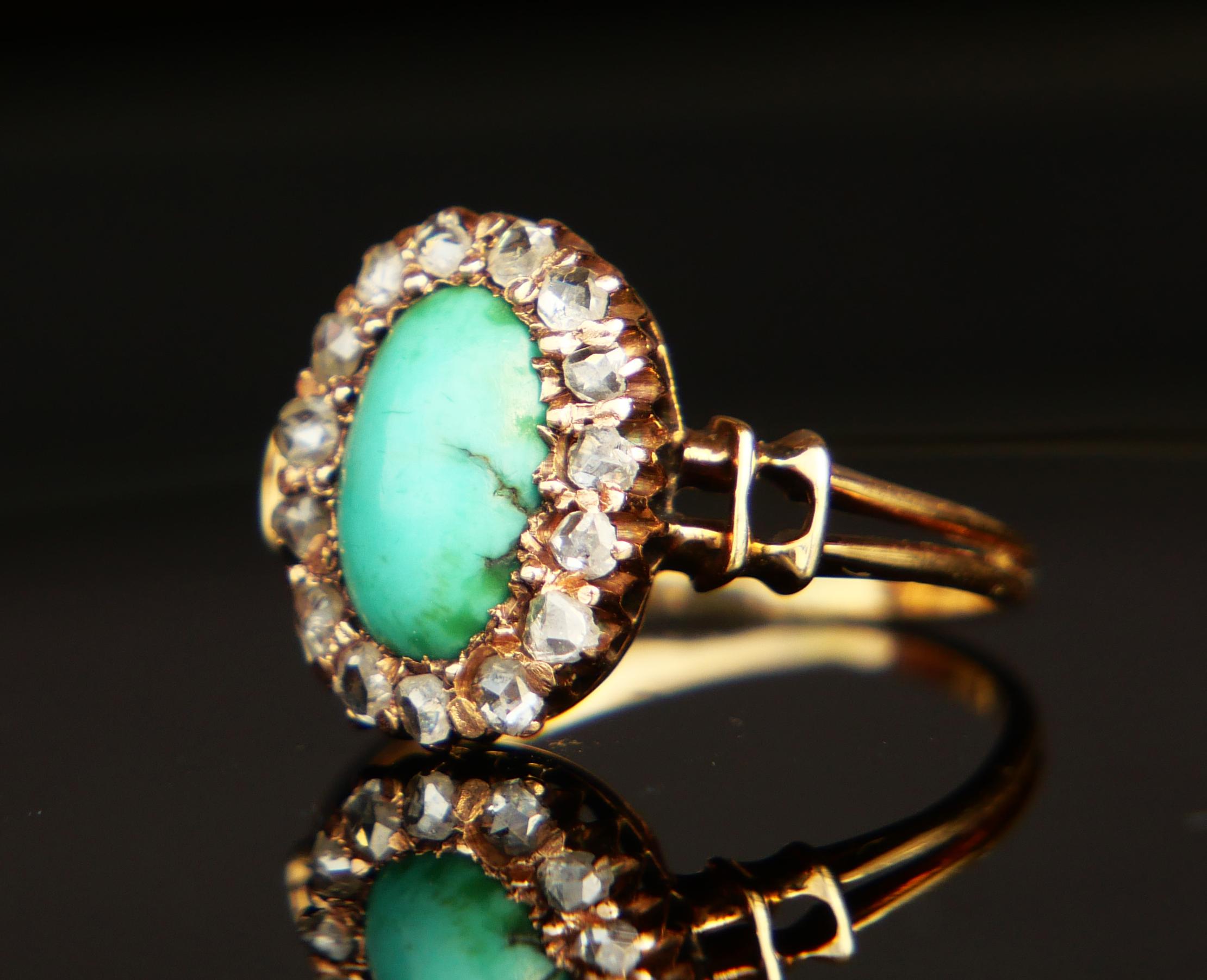 Oval Cut Antique German Halo Ring 2.25ct Turquoise Diamonds solid 14K GoldØ5US/2.3gr For Sale
