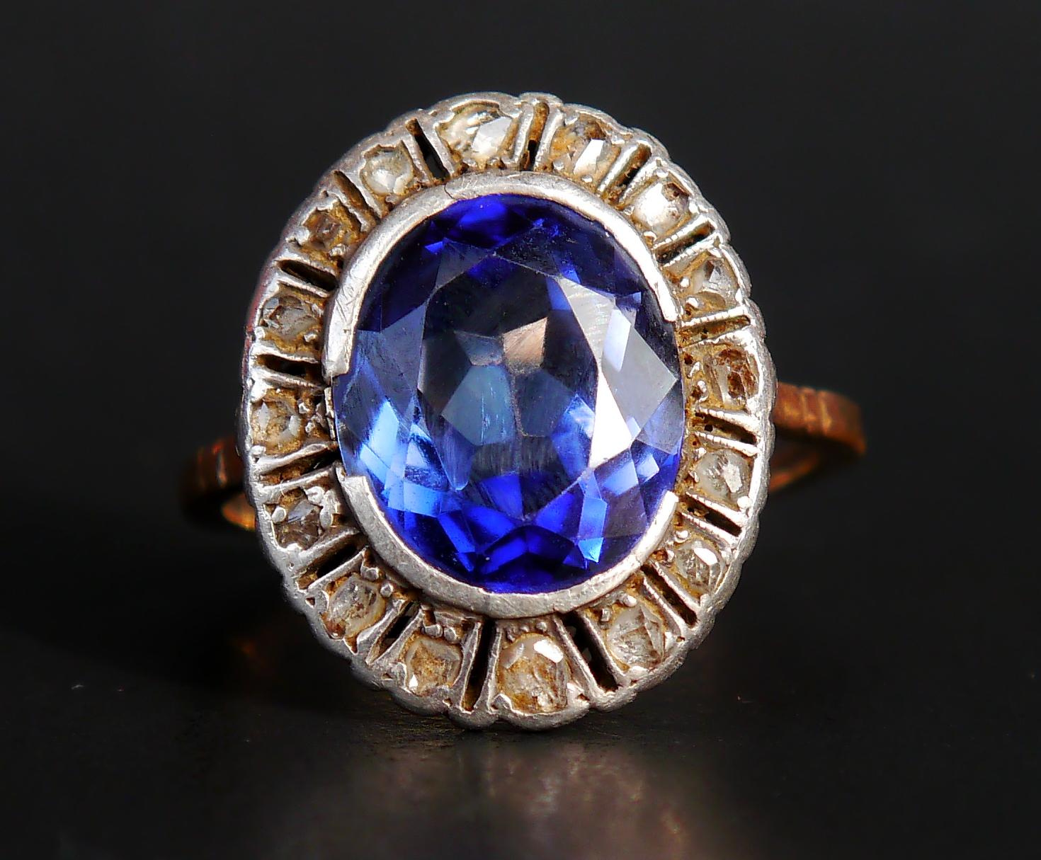 Antique German Halo Ring 5ct Sapphire 0.5ct Diamonds 14K Gold Ø9.25US/ 4.7gr For Sale 5