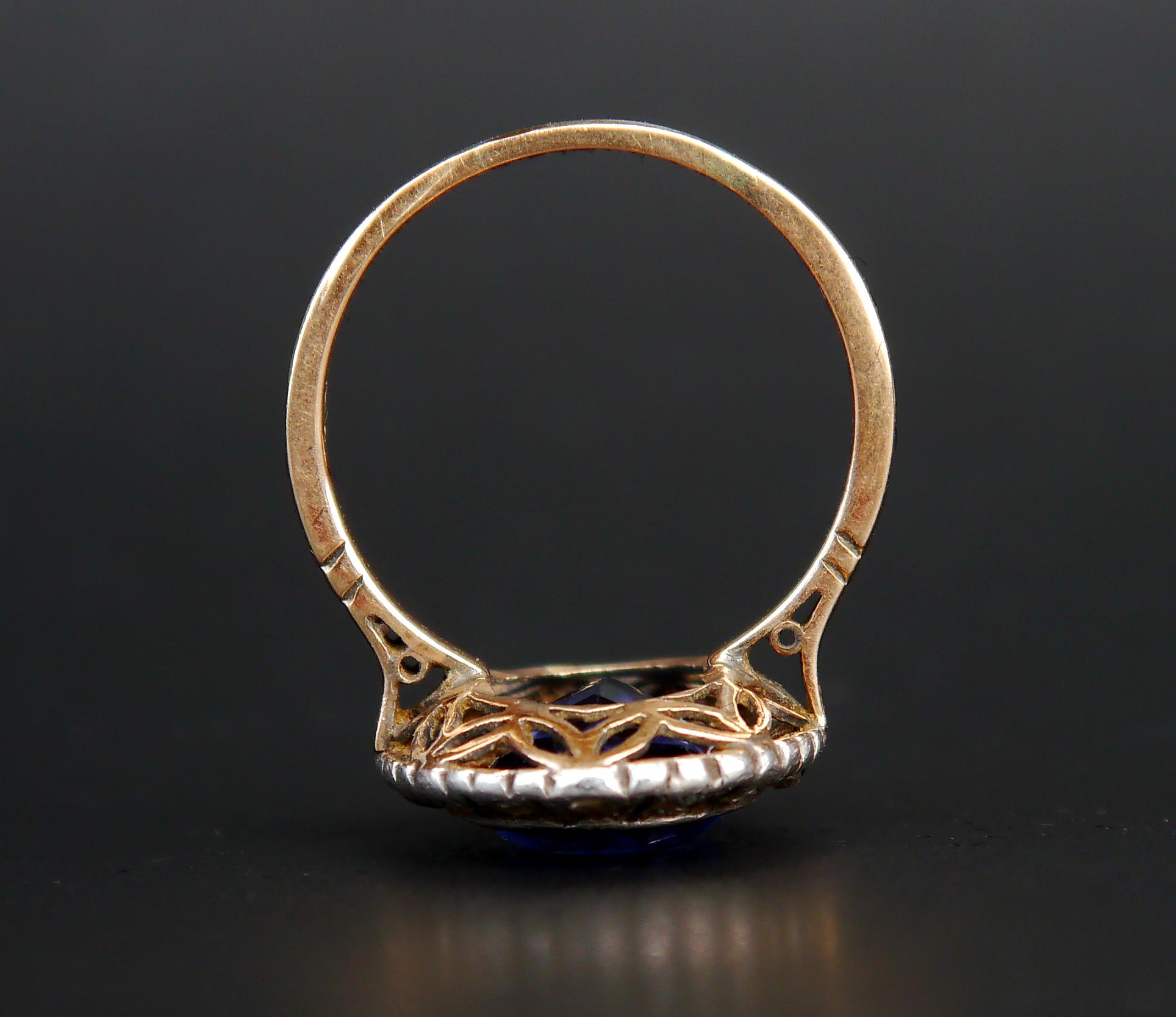 Antique German Halo Ring 5ct Sapphire 0.5ct Diamonds 14K Gold Ø9.25US/ 4.7gr For Sale 6