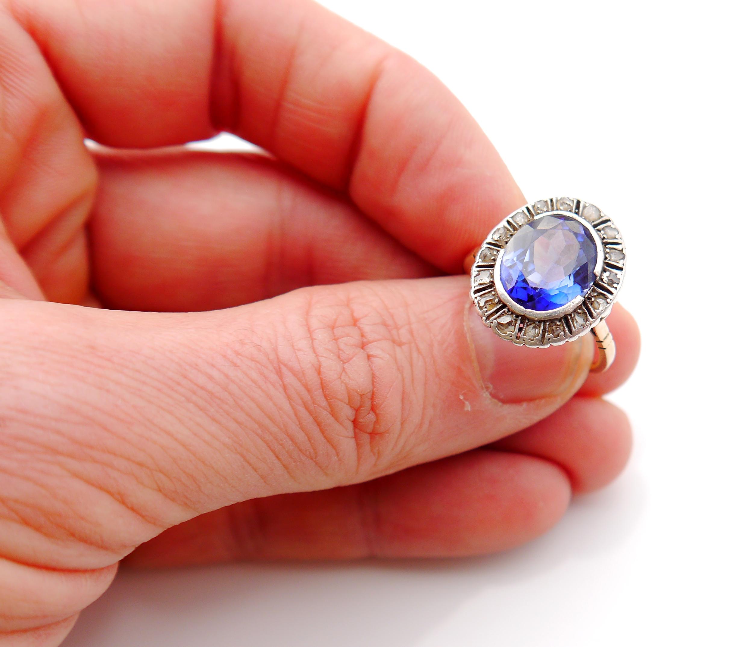 Antique German Halo Ring 5ct Sapphire 0.5ct Diamonds 14K Gold Ø9.25US/ 4.7gr For Sale 7