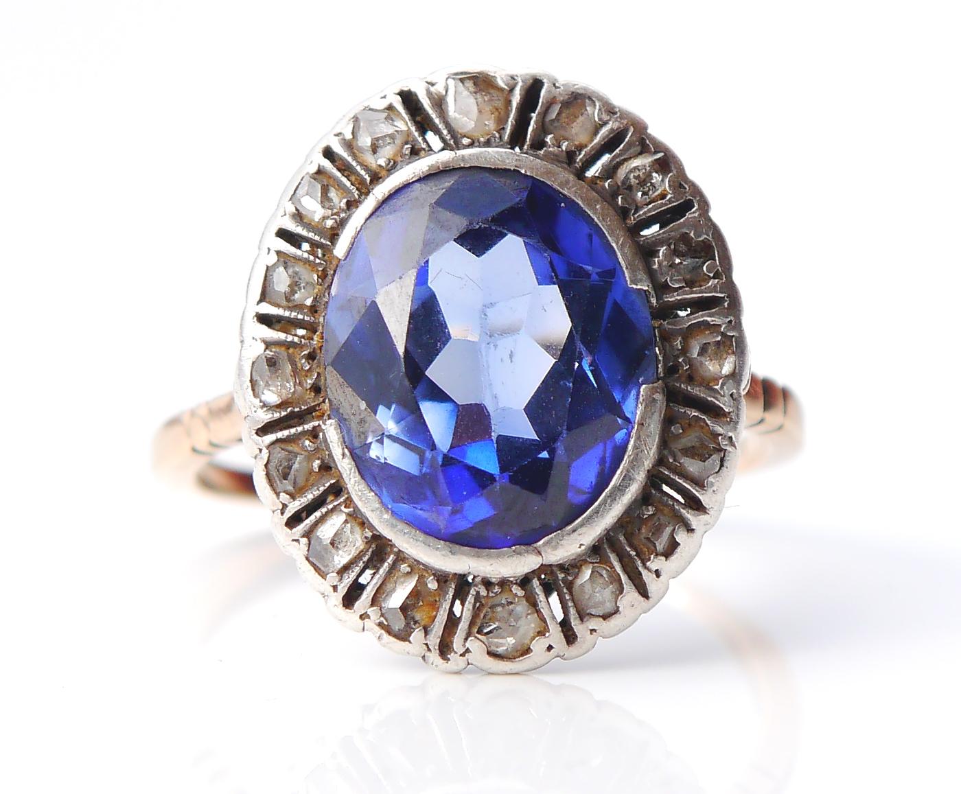 Art Deco Antique German Halo Ring 5ct Sapphire 0.5ct Diamonds 14K Gold Ø9.25US/ 4.7gr For Sale