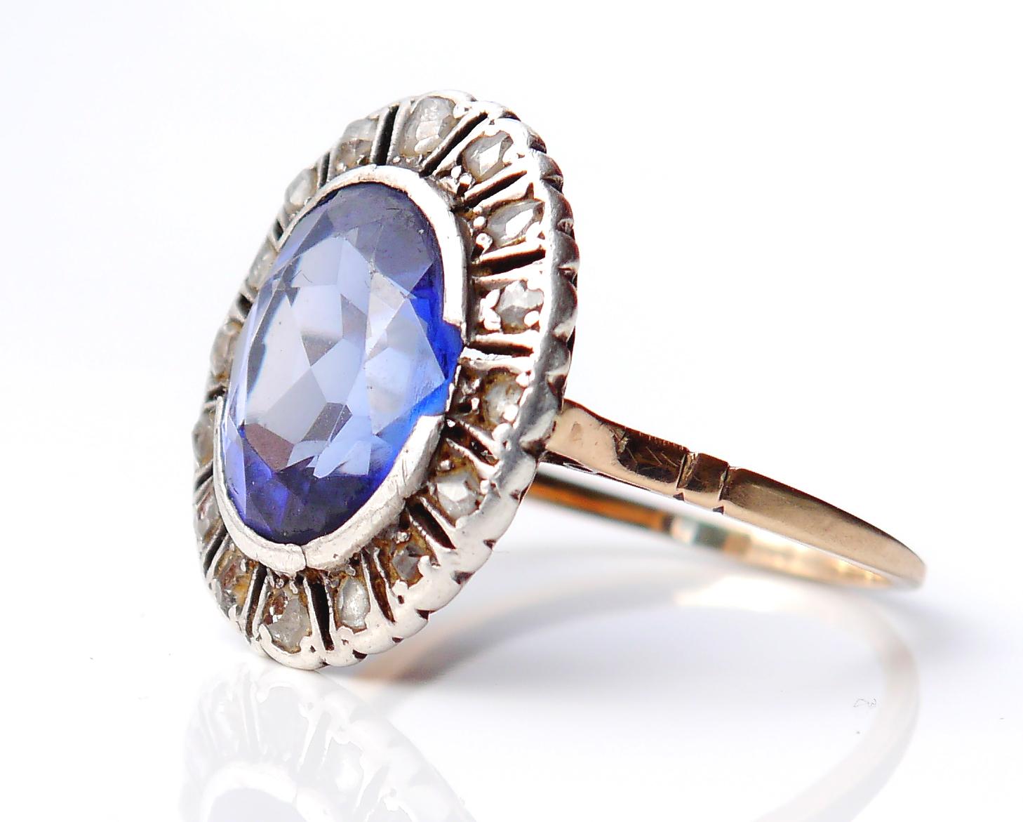 Cabochon Antique German Halo Ring 5ct Sapphire 0.5ct Diamonds 14K Gold Ø9.25US/ 4.7gr For Sale