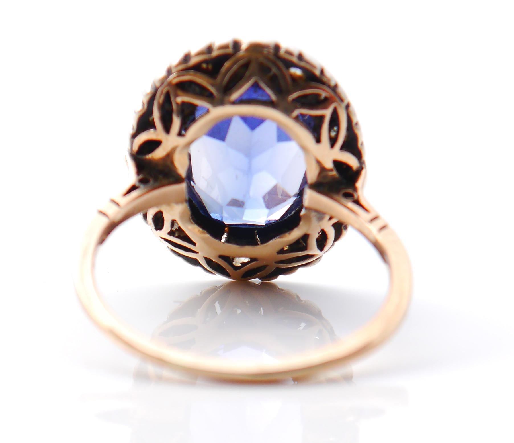 Women's Antique German Halo Ring 5ct Sapphire 0.5ct Diamonds 14K Gold Ø9.25US/ 4.7gr For Sale