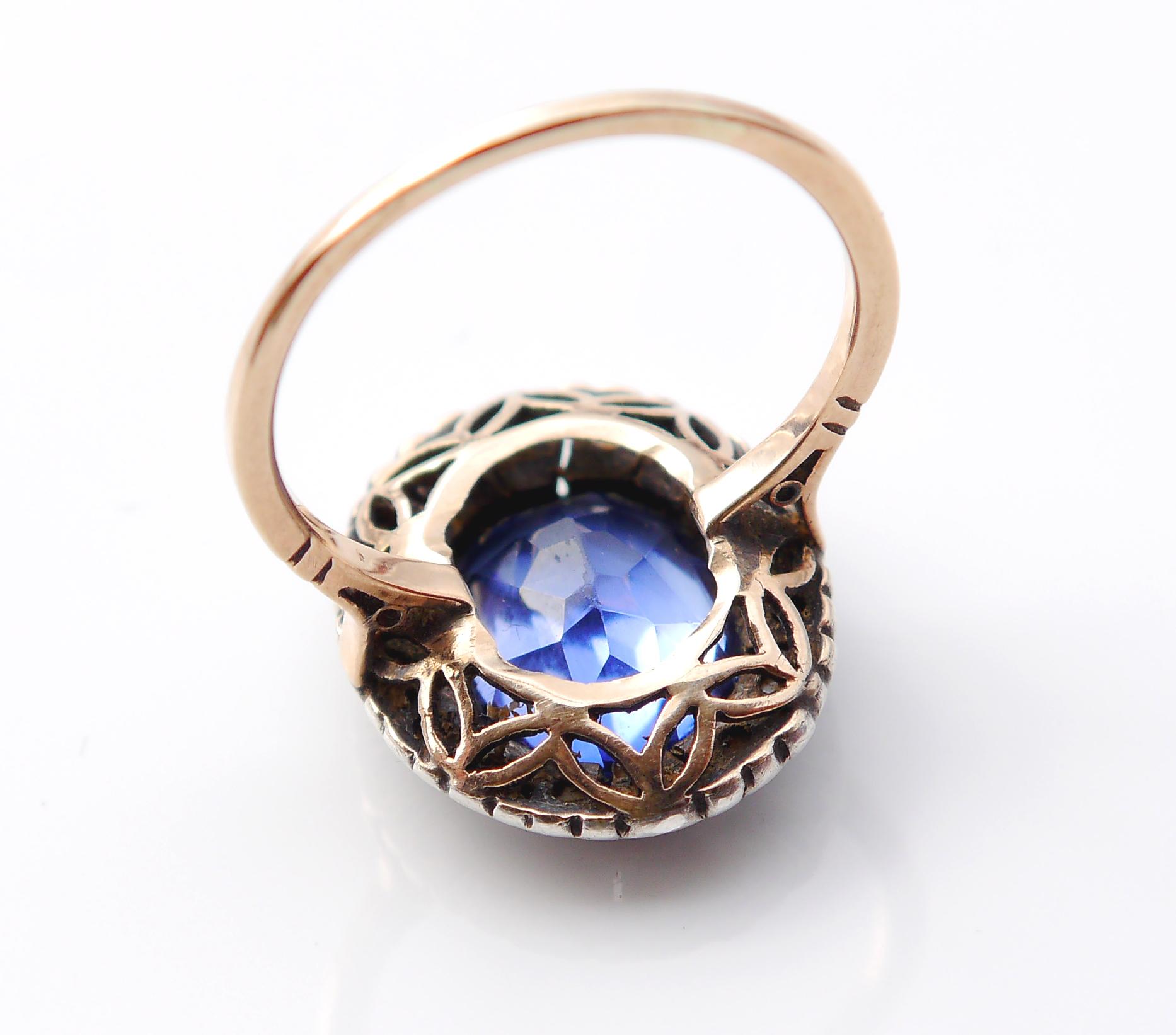Antique German Halo Ring 5ct Sapphire 0.5ct Diamonds 14K Gold Ø9.25US/ 4.7gr For Sale 1