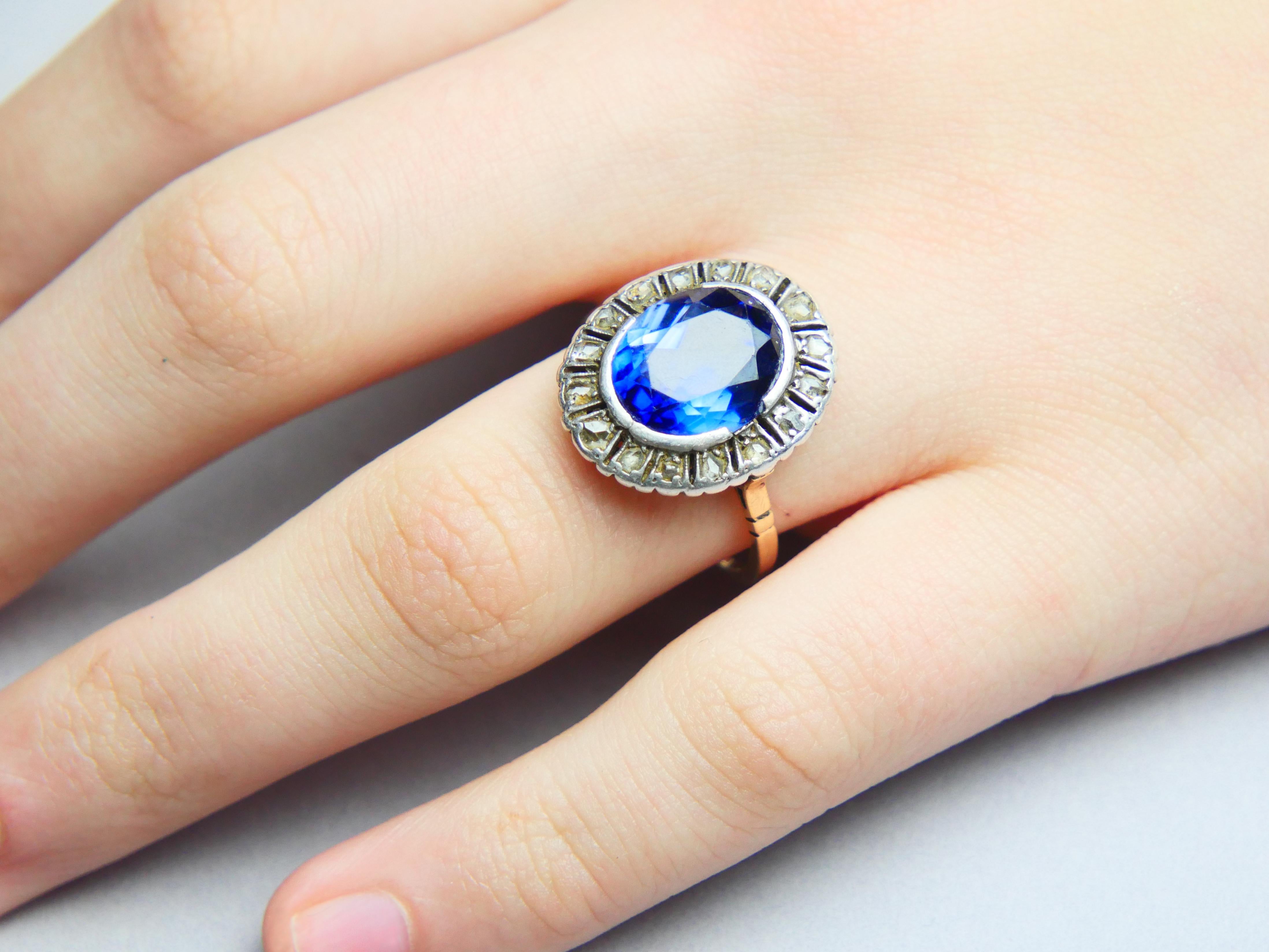 Antique German Halo Ring 5ct Sapphire 0.5ct Diamonds 14K Gold Ø9.25US/ 4.7gr For Sale 2