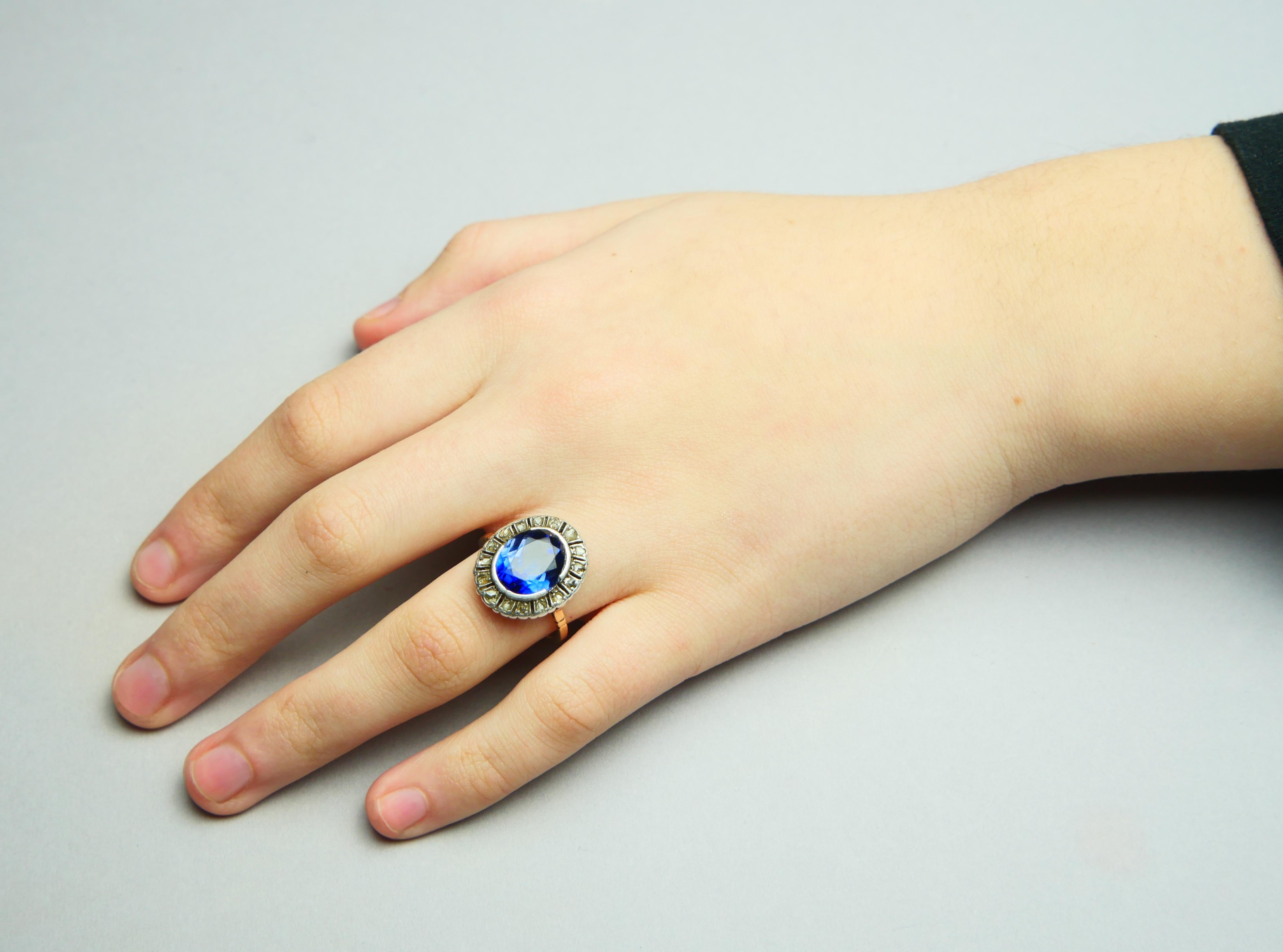 Antique German Halo Ring 5ct Sapphire 0.5ct Diamonds 14K Gold Ø9.25US/ 4.7gr For Sale 3