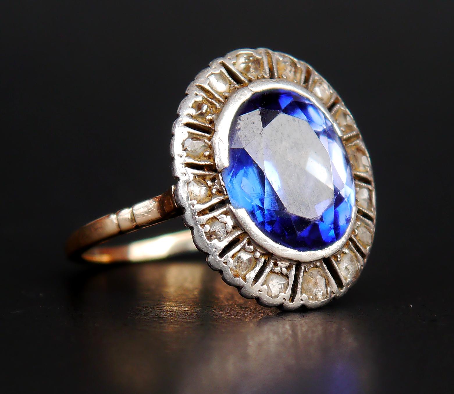 Antique German Halo Ring 5ct Sapphire 0.5ct Diamonds 14K Gold Ø9.25US/ 4.7gr For Sale 4
