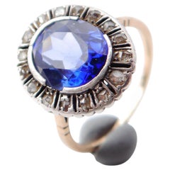 Anillo Halo Alemán Antiguo 5ct Zafiro 0.5ct Diamantes Oro 14K Ø9.25US/ 4.7gr