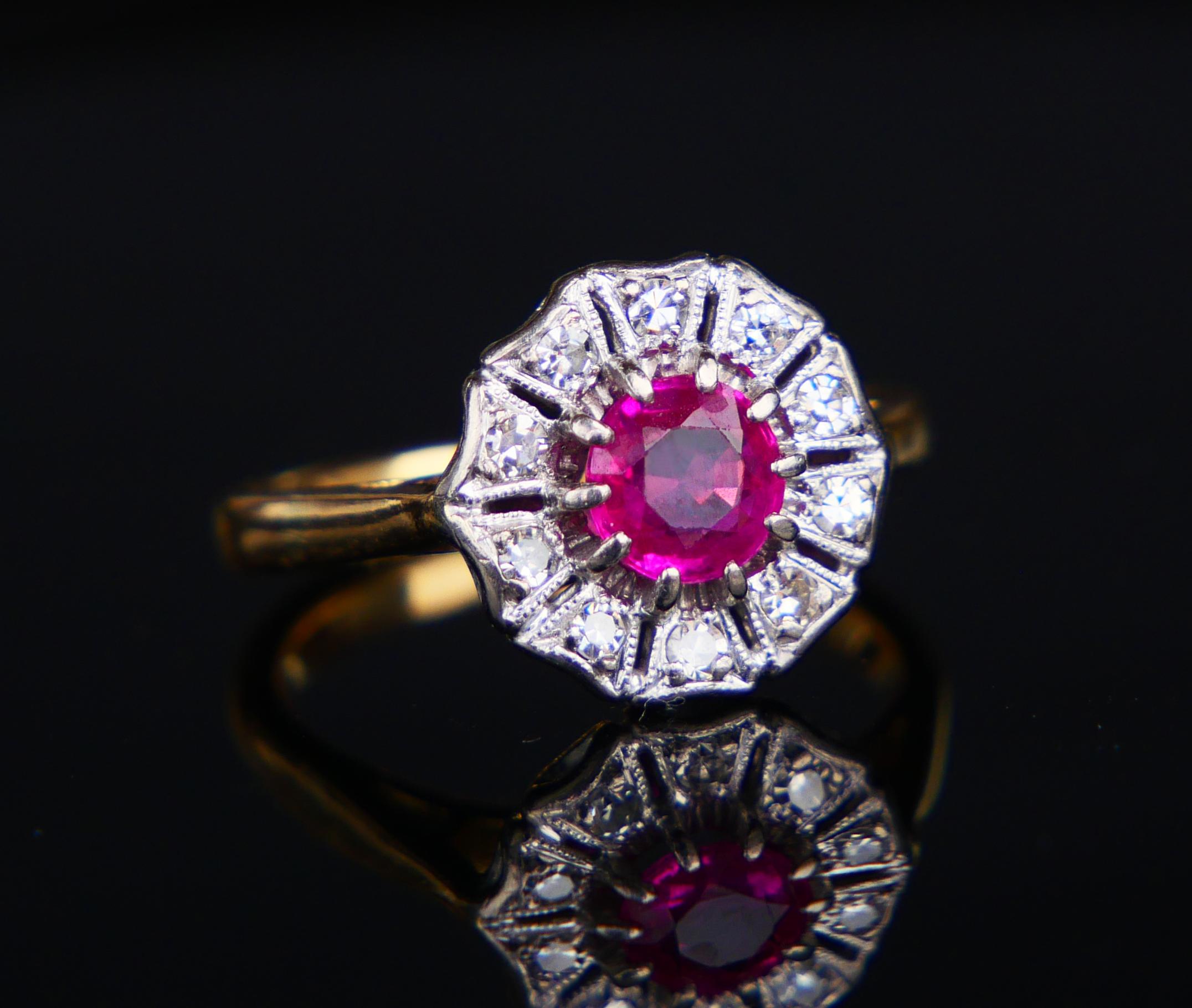 Antiker deutscher Halo Ring natürlich 0,7 ct Rubin Diamanten 18K Gold Platin Ø3,75US (Art déco) im Angebot