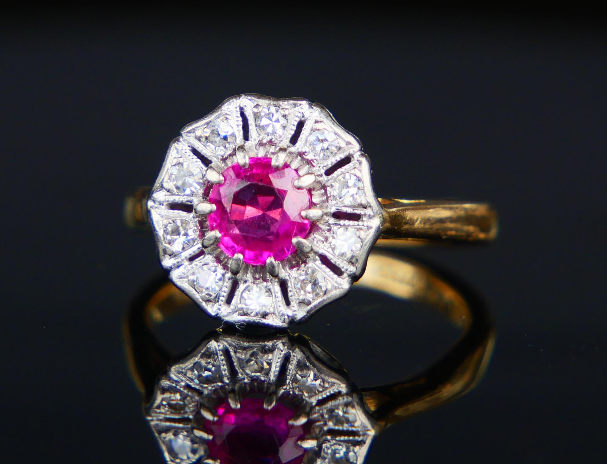 Antiker deutscher Halo Ring natürlich 0,7 ct Rubin Diamanten 18K Gold Platin Ø3,75US (Alteuropäischer Schliff) im Angebot