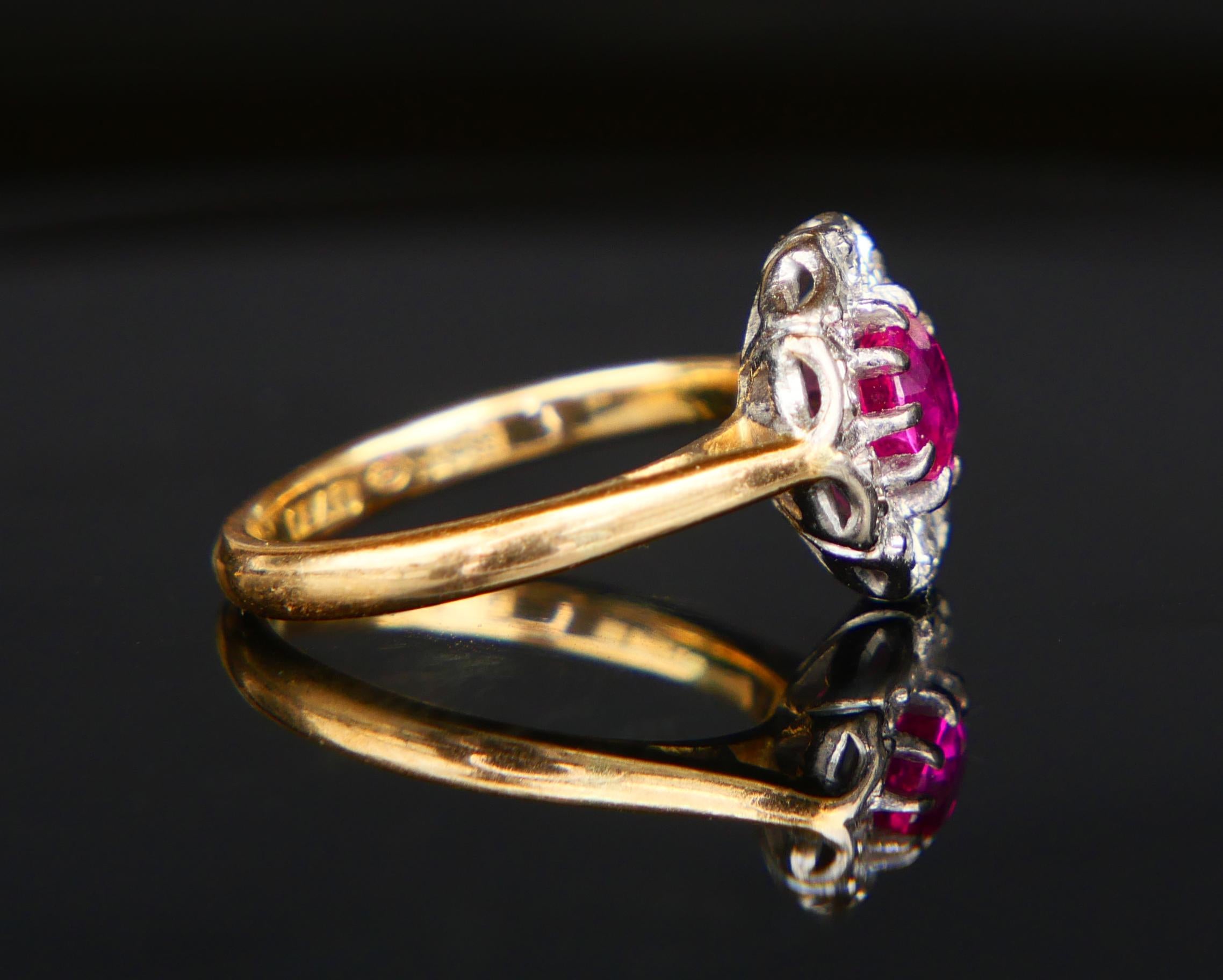 Antiker deutscher Halo Ring natürlich 0,7 ct Rubin Diamanten 18K Gold Platin Ø3,75US Damen im Angebot