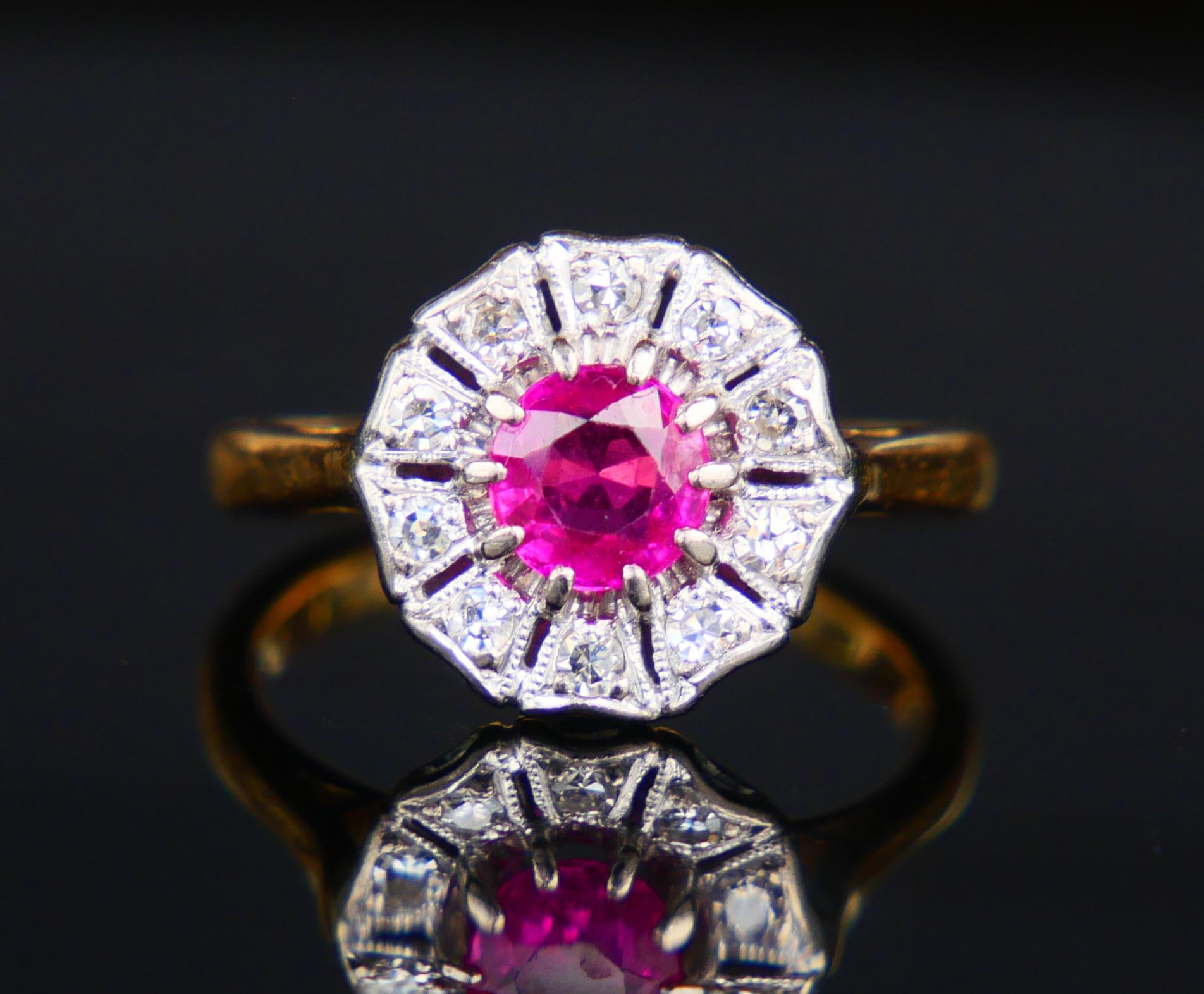 Antiker deutscher Halo Ring natürlich 0,7 ct Rubin Diamanten 18K Gold Platin Ø3,75US im Angebot 1