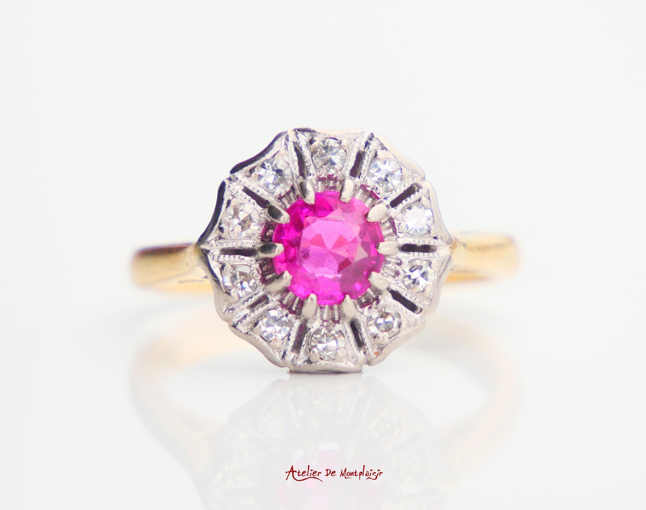 Antiker deutscher Halo Ring natürlich 0,7 ct Rubin Diamanten 18K Gold Platin Ø3,75US im Angebot 3