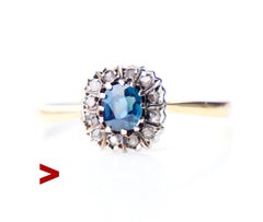 Antique German Halo Ring natural 0.7ct Sapphire Diamonds 18K Gold Ø 6.25US/1.3gr