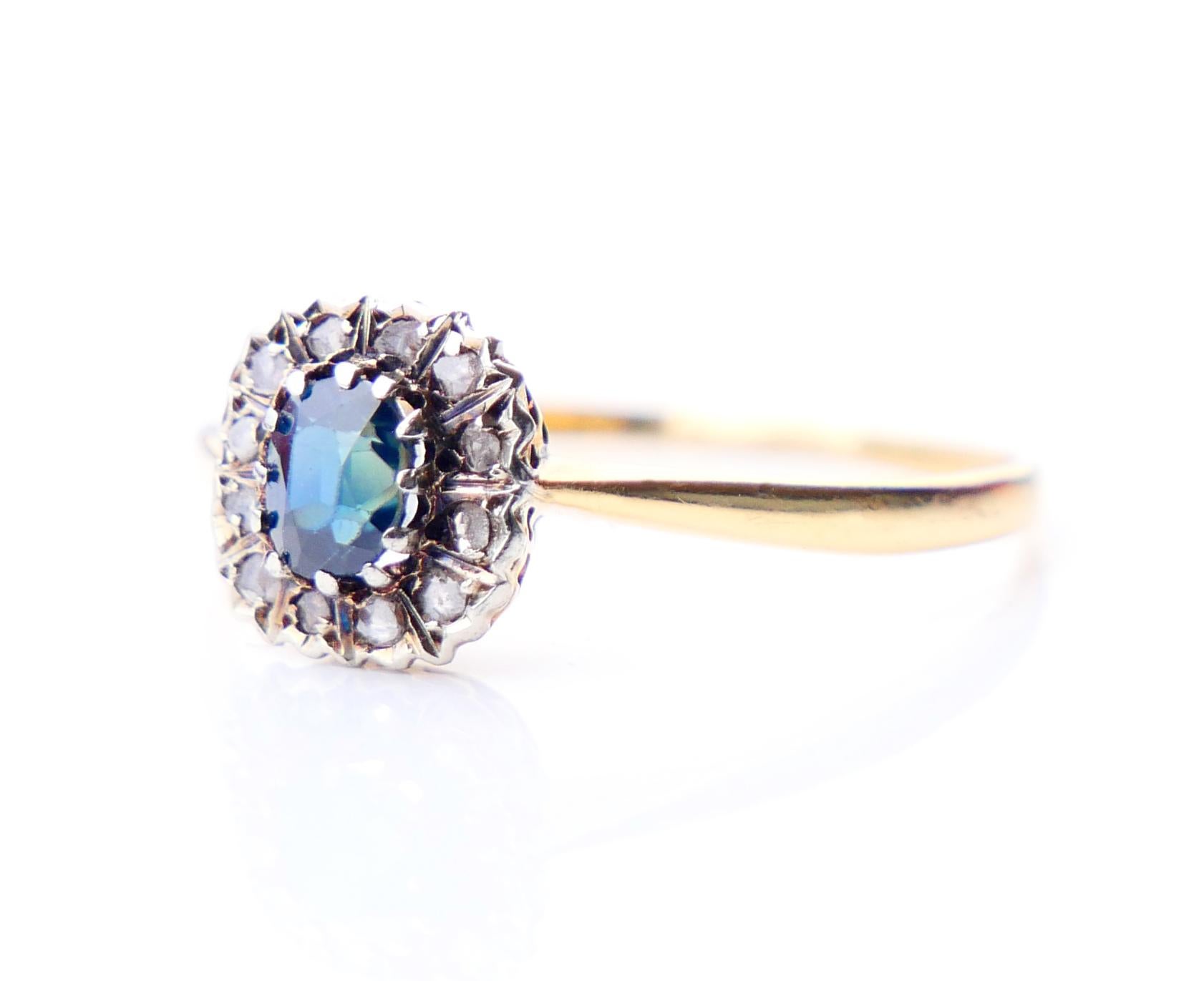 Art Nouveau Antique German Halo Ring natural 0.7ct Sapphire Diamonds 18K Gold Ø 6.25US/1.3gr For Sale