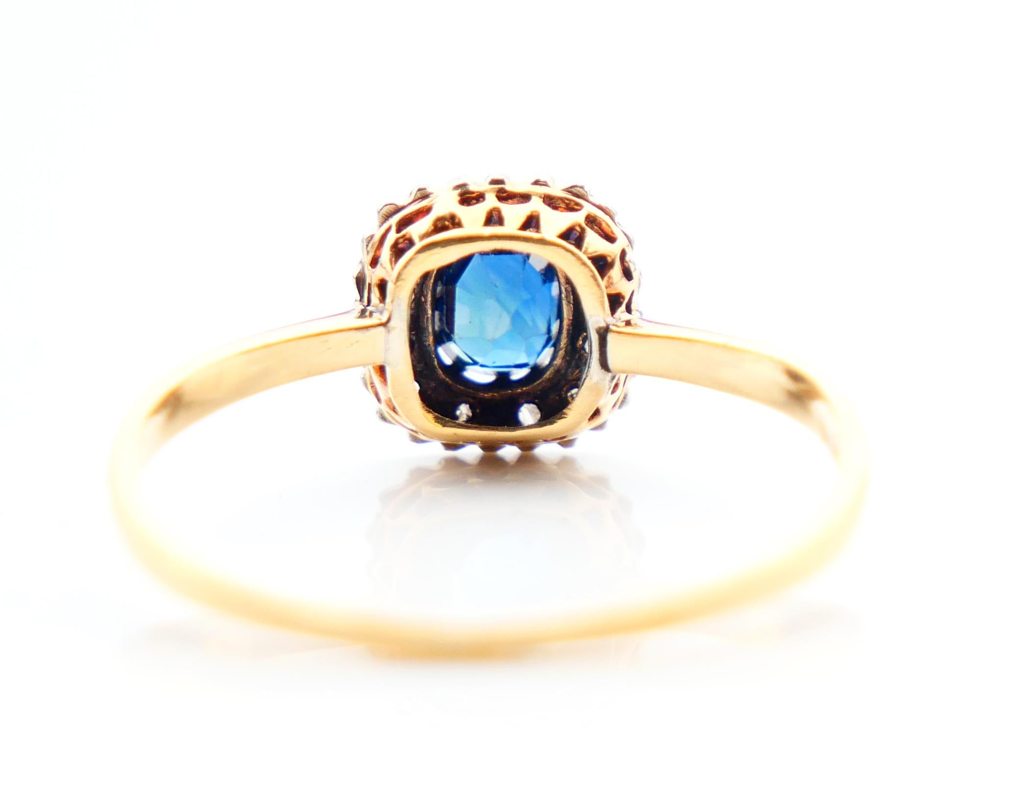 Rose Cut Antique German Halo Ring natural 0.7ct Sapphire Diamonds 18K Gold Ø 6.25US/1.3gr For Sale