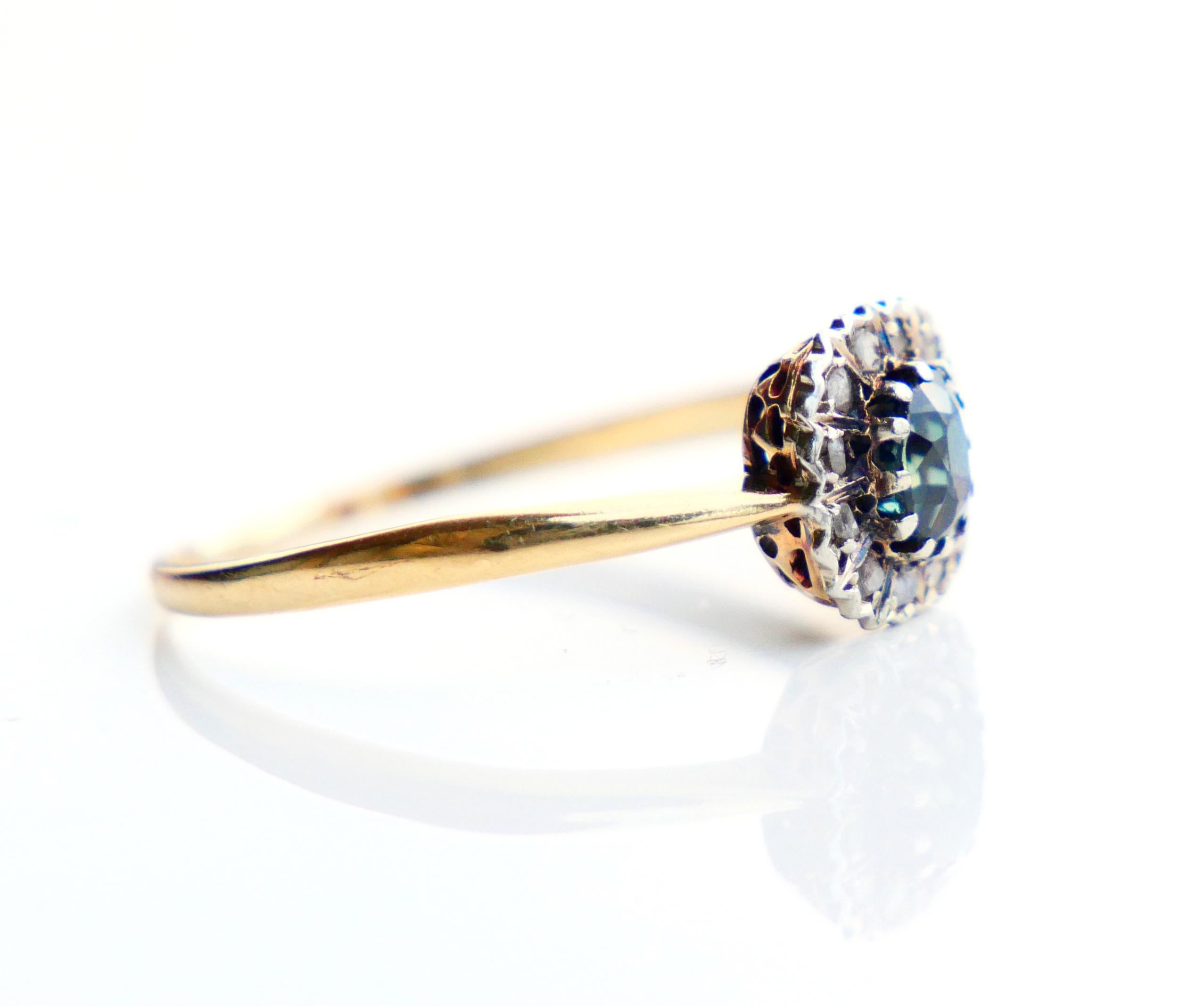 Women's Antique German Halo Ring natural 0.7ct Sapphire Diamonds 18K Gold Ø 6.25US/1.3gr For Sale