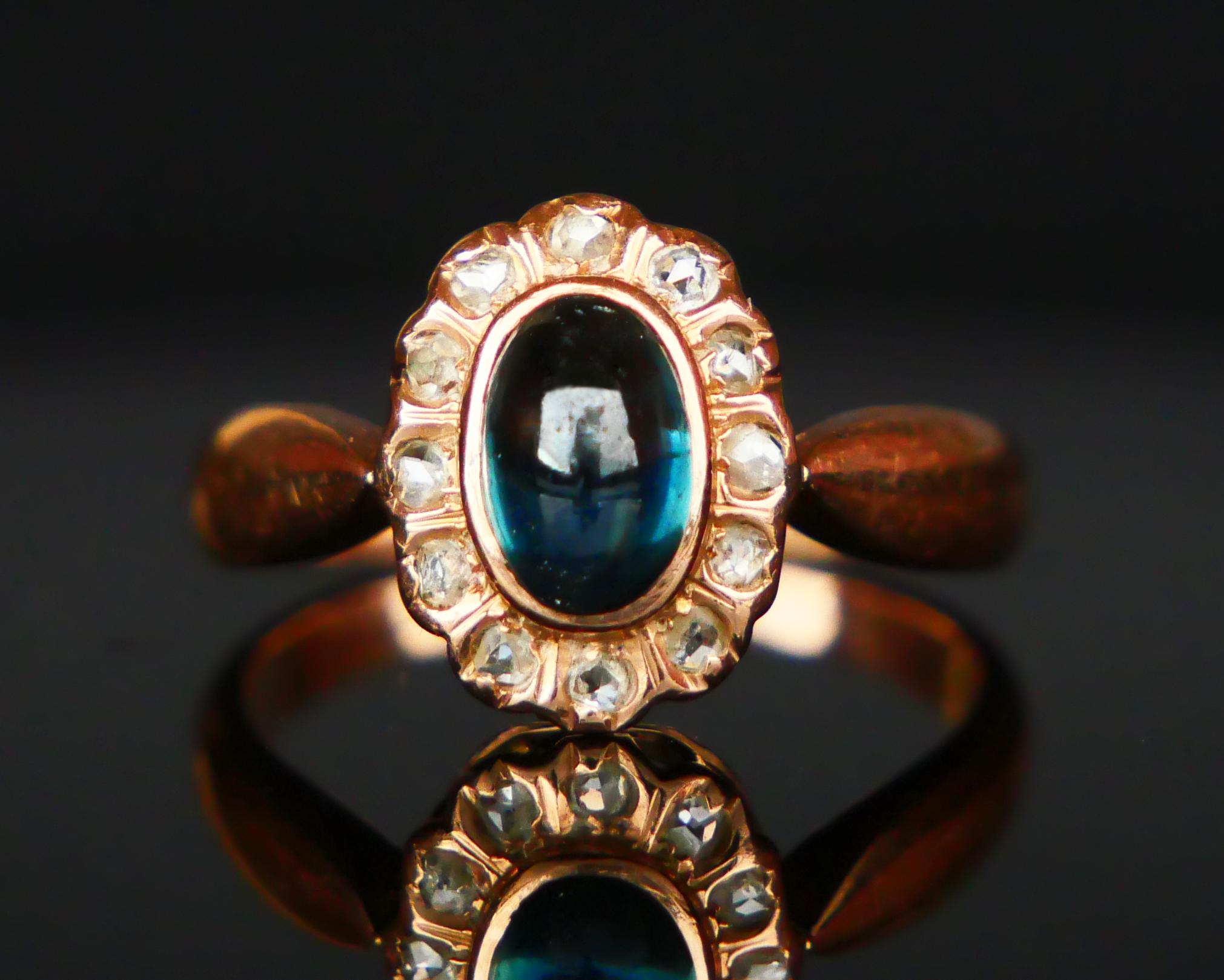 Antique German Halo Ring natural 1.25ct Sapphire Diamonds solid 14K Gold Ø 5US / For Sale 6