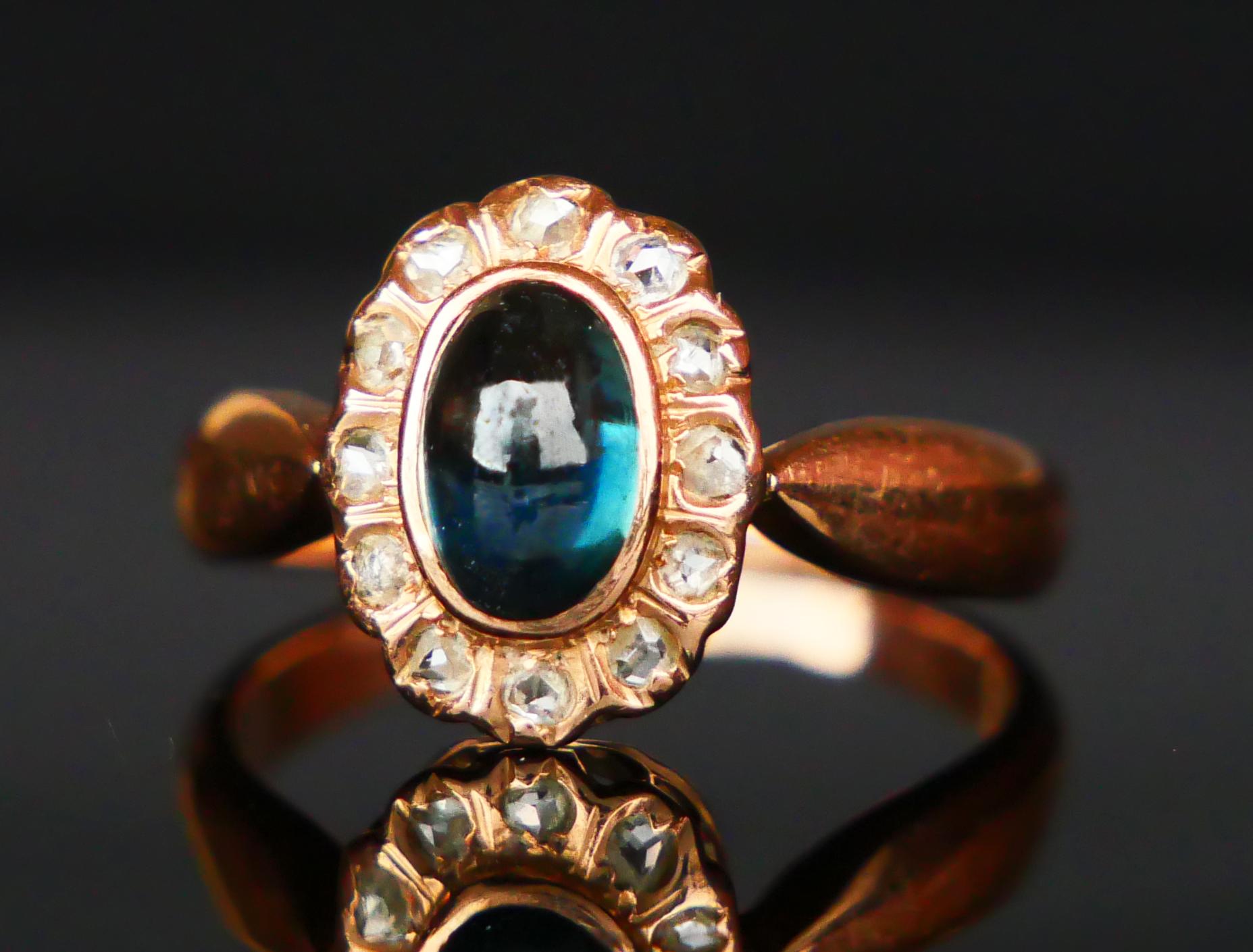 Antique German Halo Ring natural 1.25ct Sapphire Diamonds solid 14K Gold Ø 5US / For Sale 7