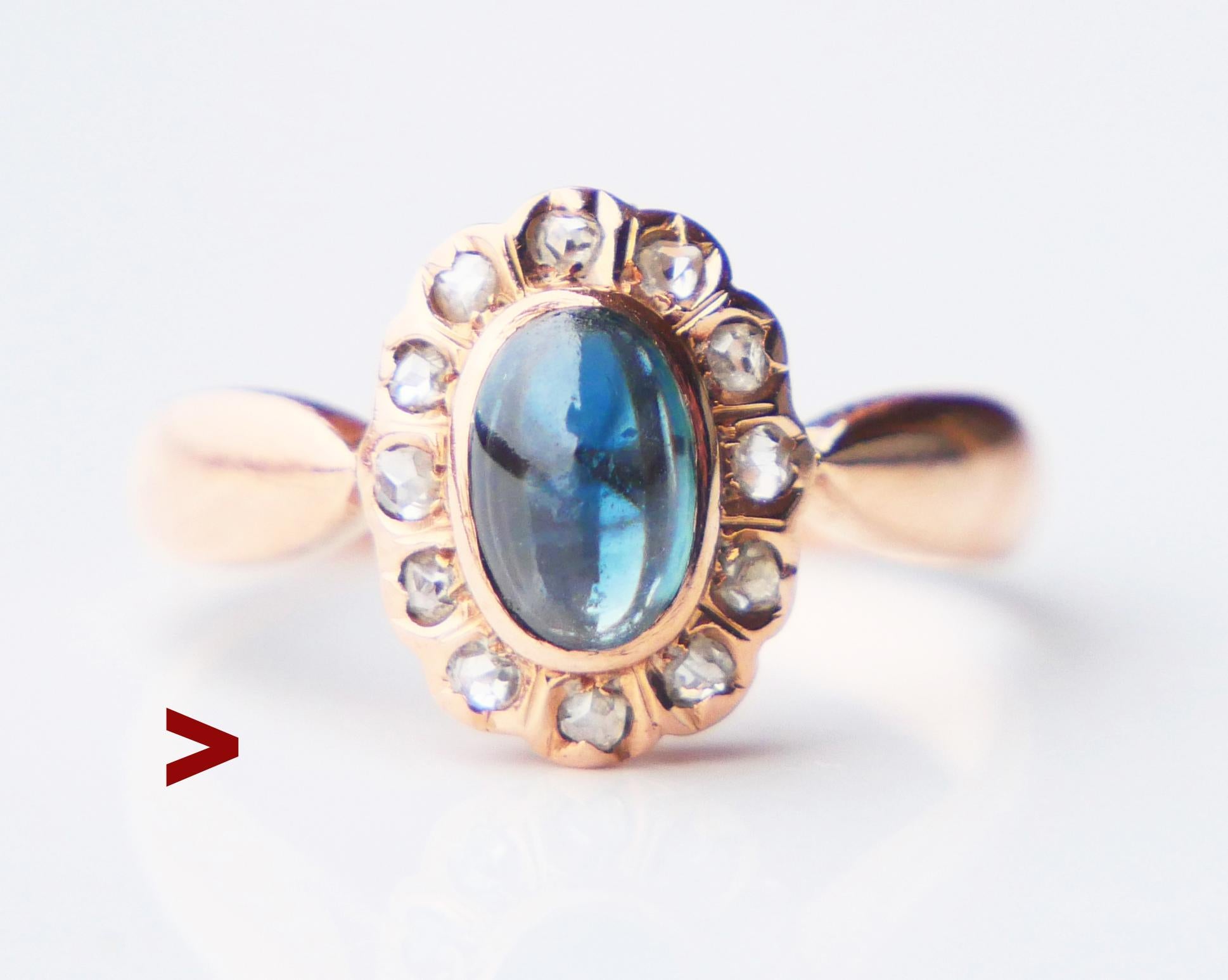 German Halo Ring with natural Blue - Green Sapphire and 12 rose-cut Diamonds.

No hallmarks, metal tested 14K Rose Gold. German ring, hand-made between the 1920s - 1930s

Crown measures 11 mm x 9 mm x 5 mm deep.

Natural Medium Blue Sapphire with