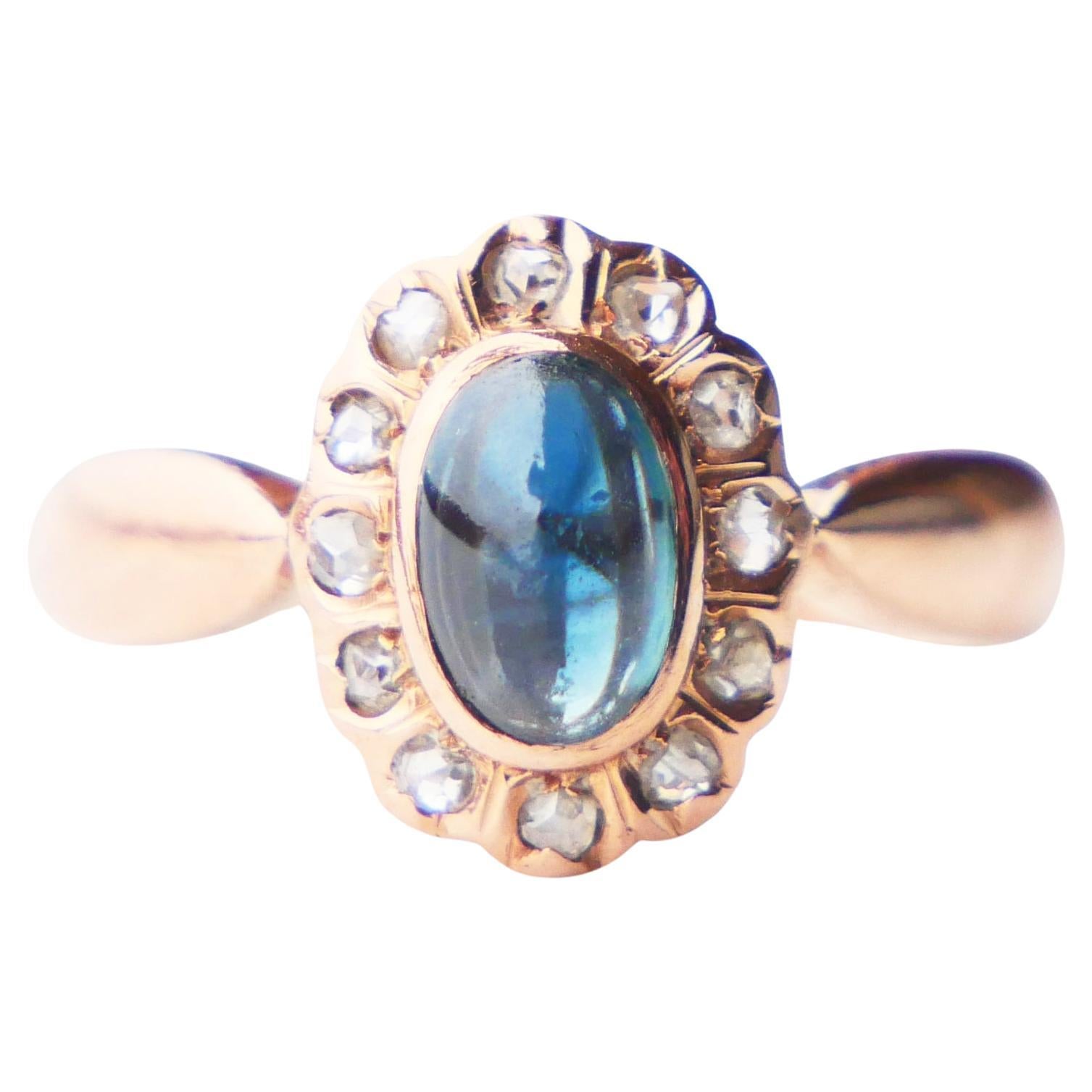 Antique German Halo Ring natural 1.25ct Sapphire Diamonds solid 14K Gold Ø 5US / For Sale